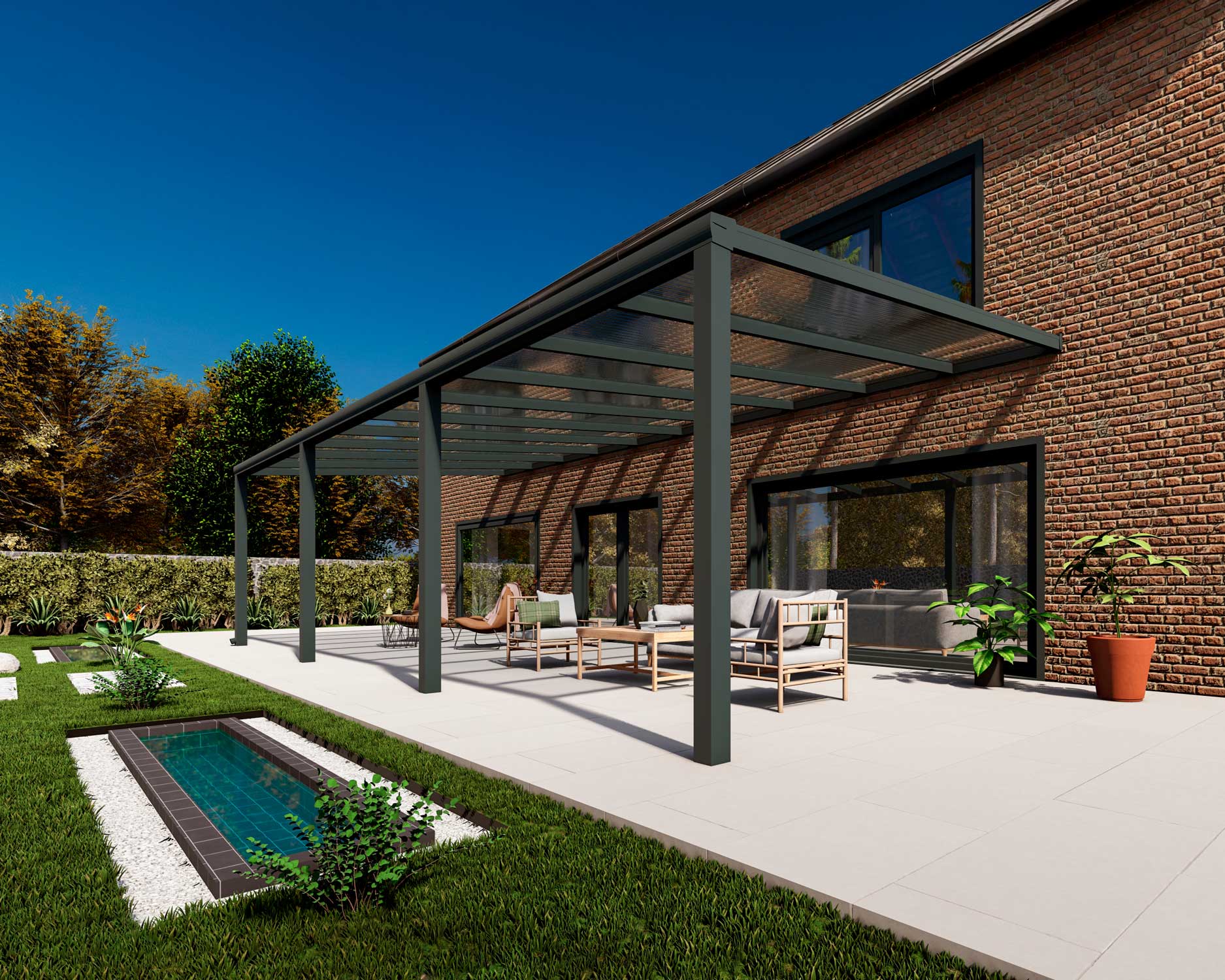 Terrassenüberdachung Classic Anthrazit RAL 7016 mit Stegplatte Klar Polycarbonat 16mm in Breite 10060 x Tiefe 3500