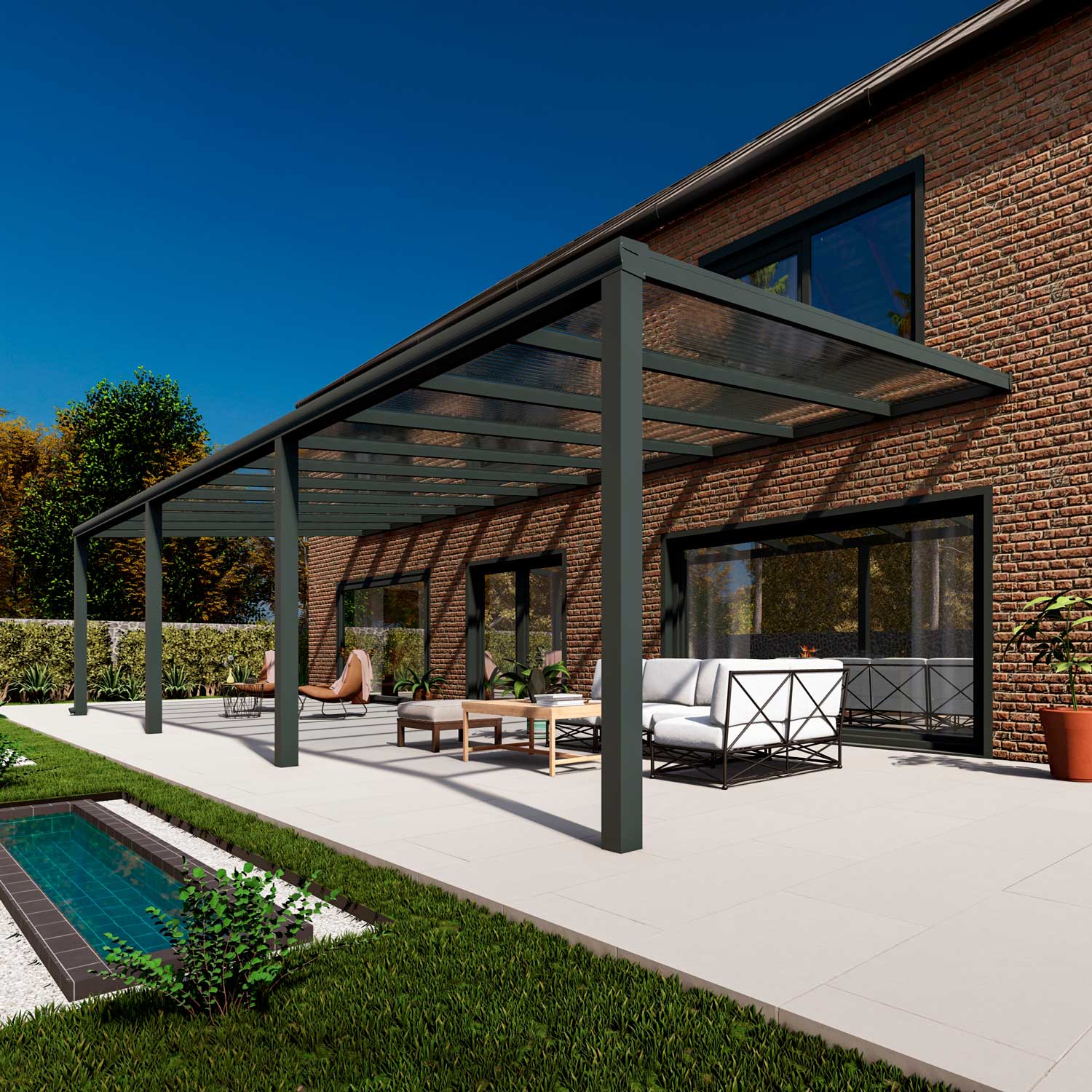 Terrassenüberdachung Classic Anthrazit RAL 7016 mit Stegplatte Klar Polycarbonat 16mm in Breite 11060 x Tiefe 3500