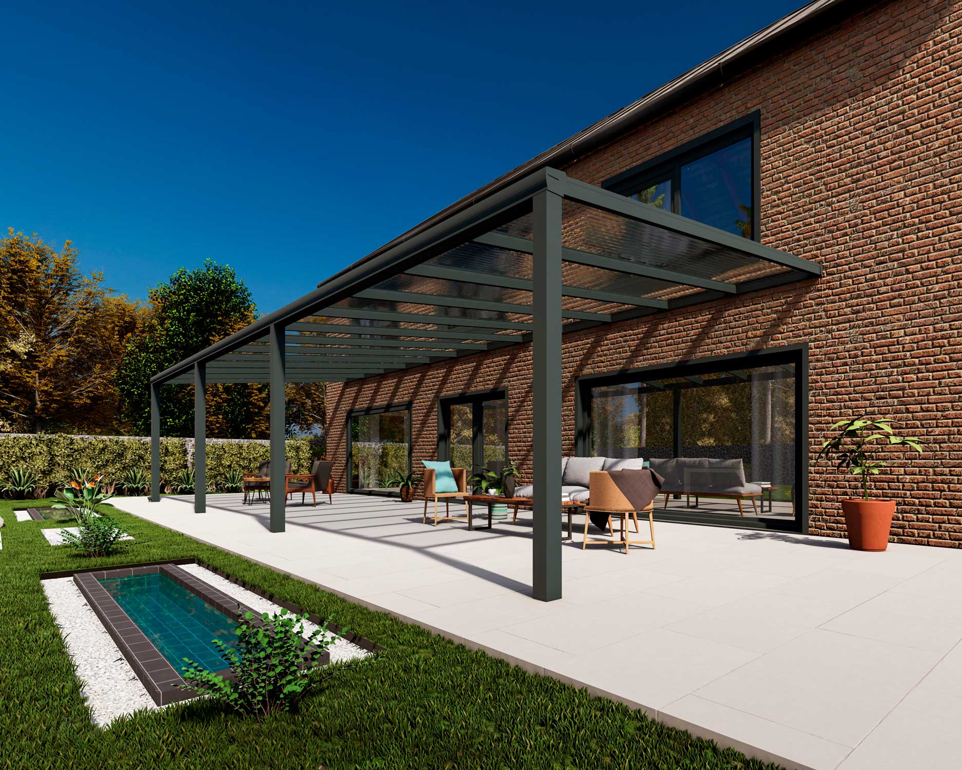 Terrassenüberdachung Classic Anthrazit RAL 7016 mit Stegplatte Klar Polycarbonat 16mm in Breite 12060 x Tiefe 2500