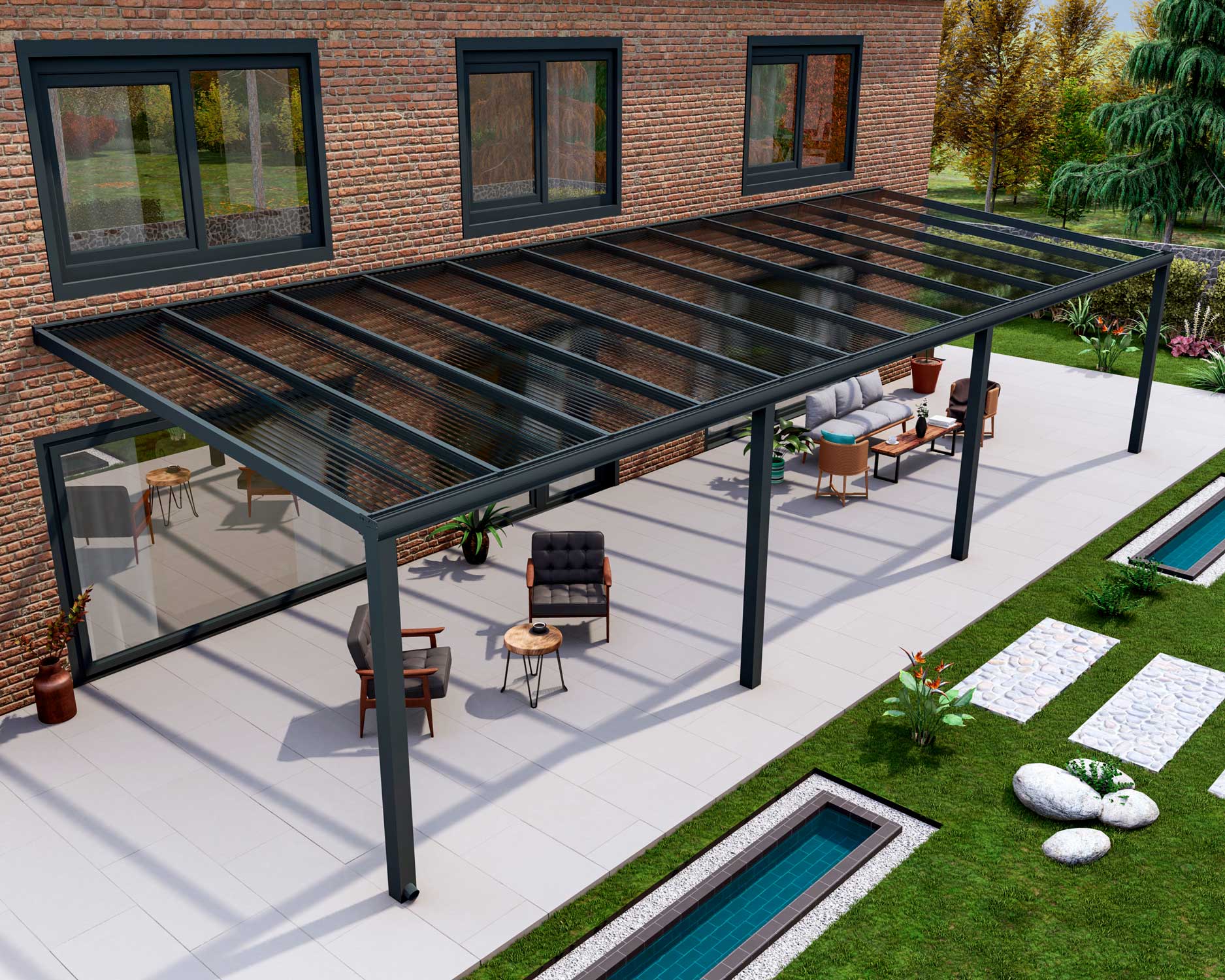 Terrassenüberdachung Classic Anthrazit RAL 7016 mit Stegplatte Klar Polycarbonat 16mm in Breite 12060 x Tiefe 2500 - Bild 3