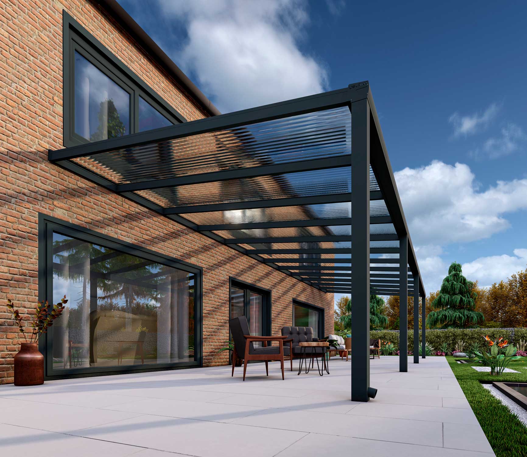 Terrassenüberdachung Classic Anthrazit RAL 7016 mit Stegplatte Klar Polycarbonat 16mm in Breite 12060 x Tiefe 2500 - Bild 4