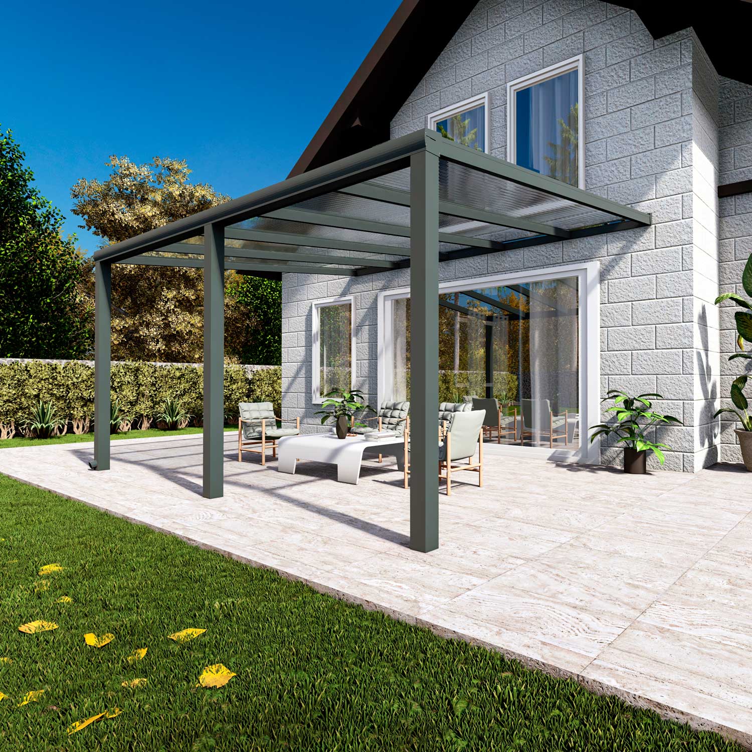 Terrassenüberdachung Classic Anthrazit RAL 7016 mit Stegplatte Klar Polycarbonat 16mm in Breite 5060 x Tiefe 3500