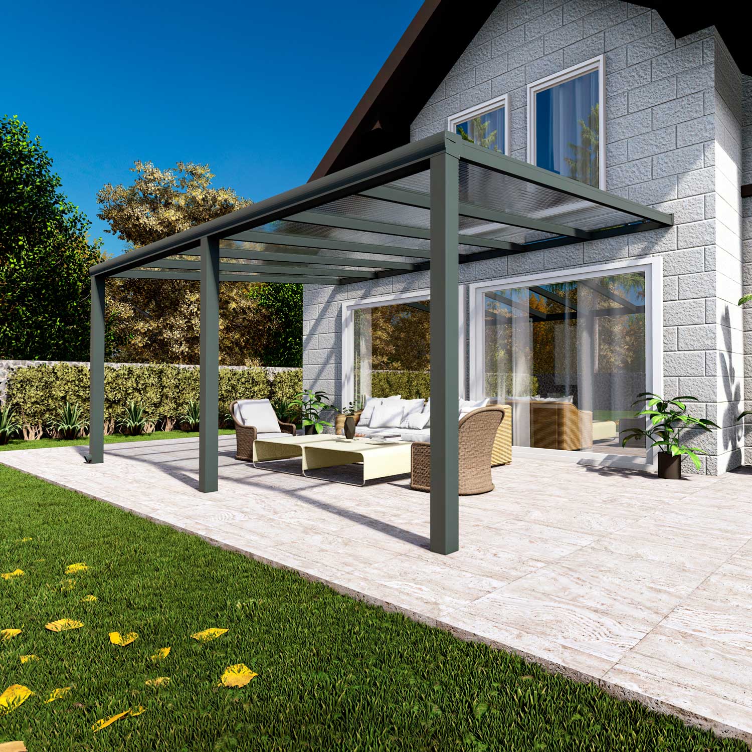 Terrassenüberdachung Classic Anthrazit RAL 7016 mit Stegplatte Klar Polycarbonat 16mm in Breite 6060 x Tiefe 2500