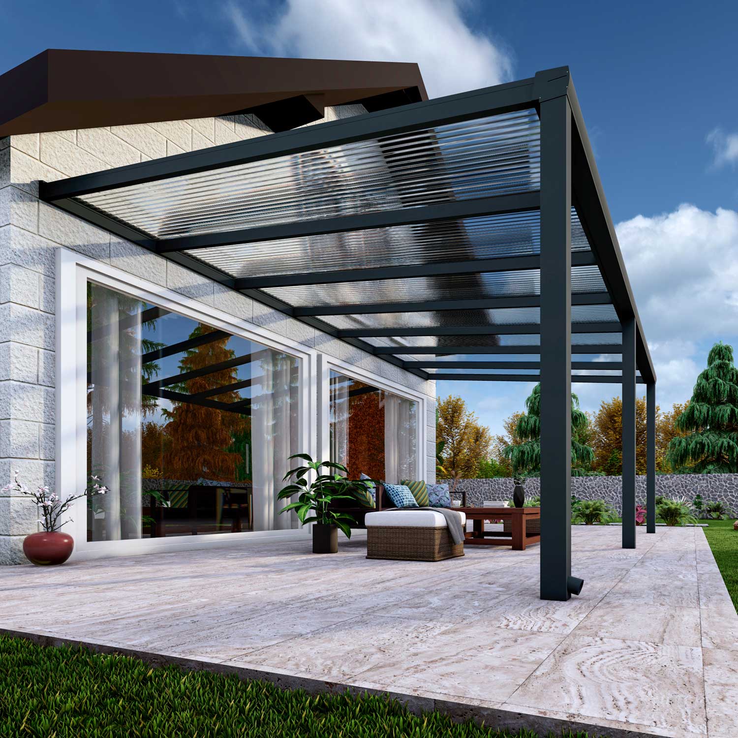 Terrassenüberdachung Classic Anthrazit RAL 7016 mit Stegplatte Klar Polycarbonat 16mm in Breite 7060 x Tiefe 3500