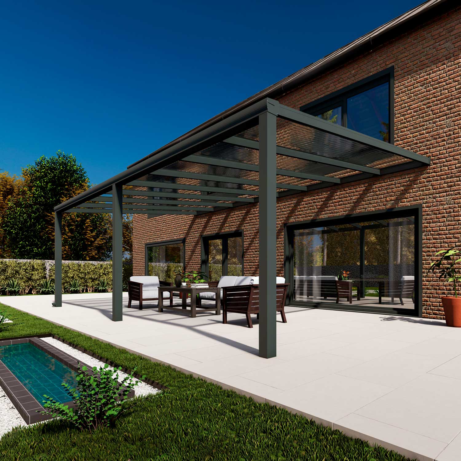 Terrassenüberdachung Classic Anthrazit RAL 7016 mit Stegplatte Klar Polycarbonat 16mm in Breite 8060 x Tiefe 3500
