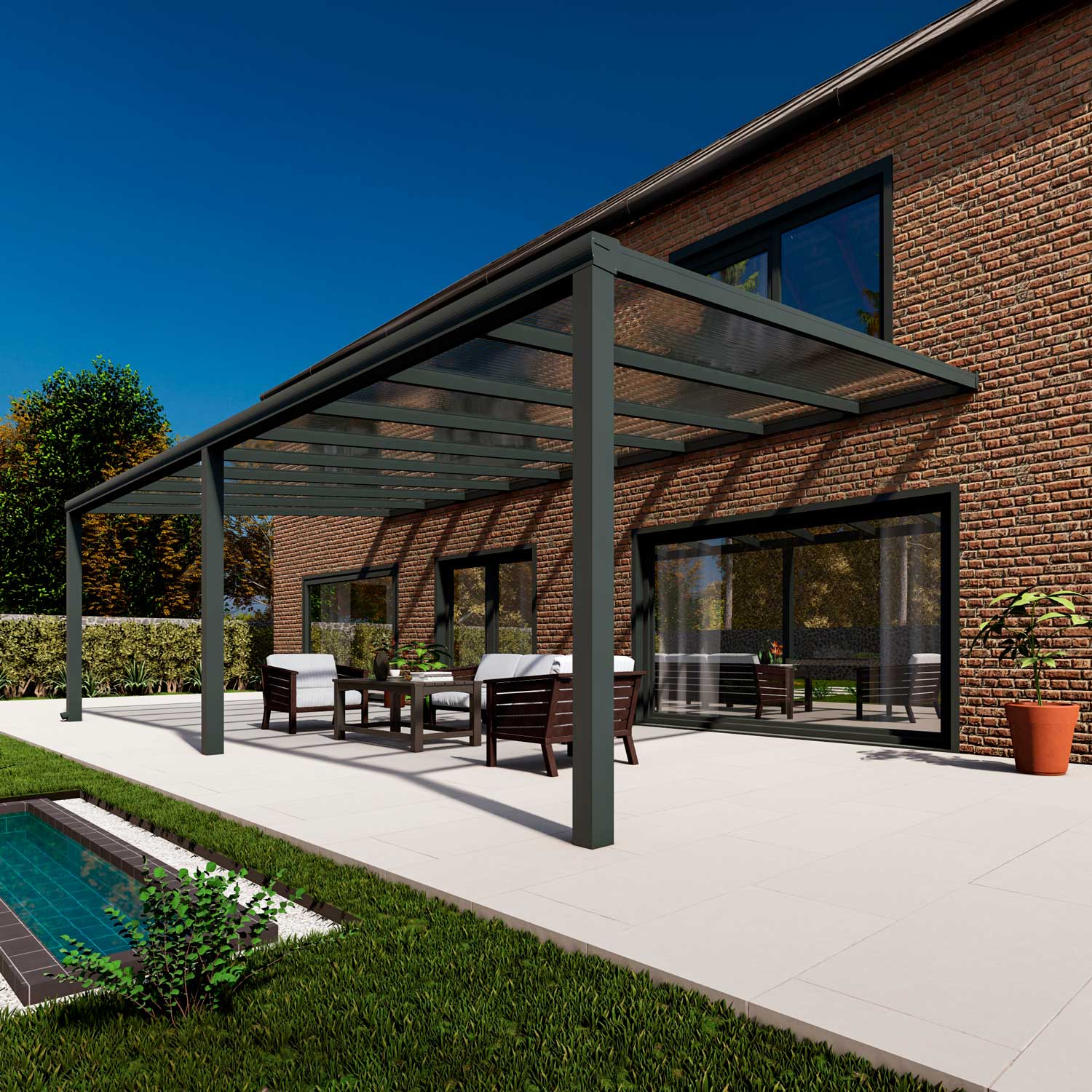 Terrassenüberdachung Classic Anthrazit RAL 7016 mit Stegplatte Klar Polycarbonat 16mm in Breite 9060 x Tiefe 2500