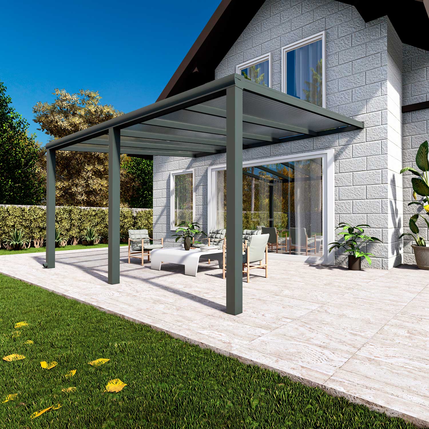 Terrassenüberdachung Classic Anthrazit RAL 7016 mit Stegplatte Opal Polycarbonat 16mm in Breite 5060 x Tiefe 3500
