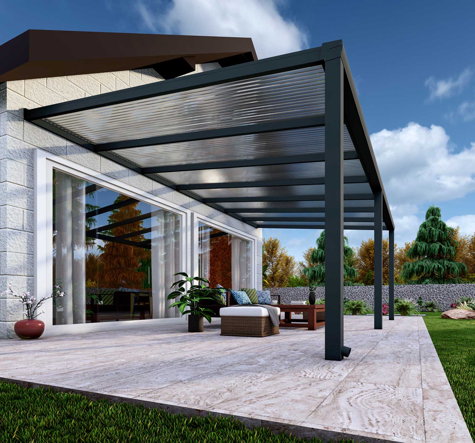 Terrassenüberdachung Classic Anthrazit RAL 7016 mit Stegplatte Opal Polycarbonat 16mm in Breite 7060 x Tiefe 3500