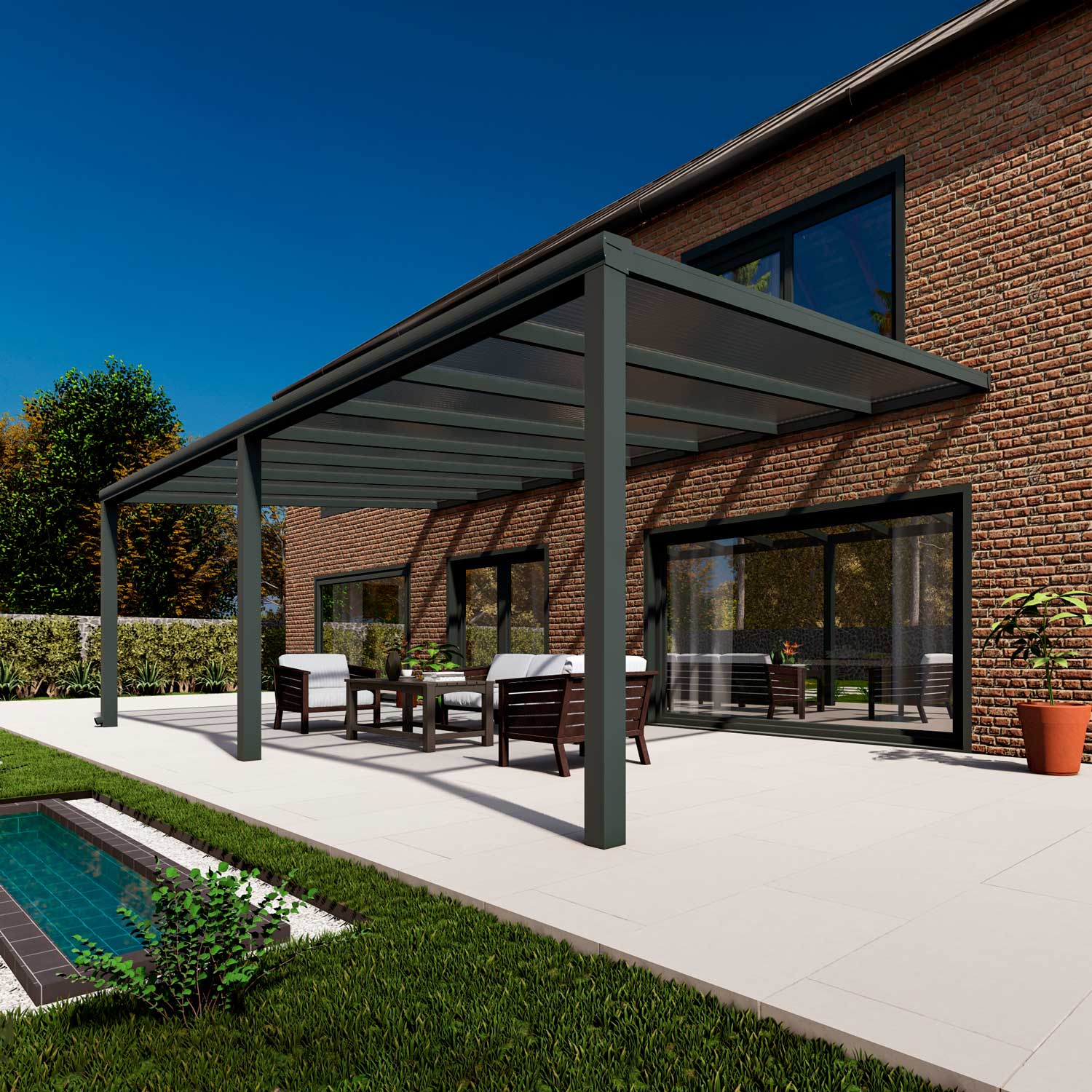 Terrassenüberdachung Classic Anthrazit RAL 7016 mit Stegplatte Opal Polycarbonat 16mm in Breite 8060 x Tiefe 4000