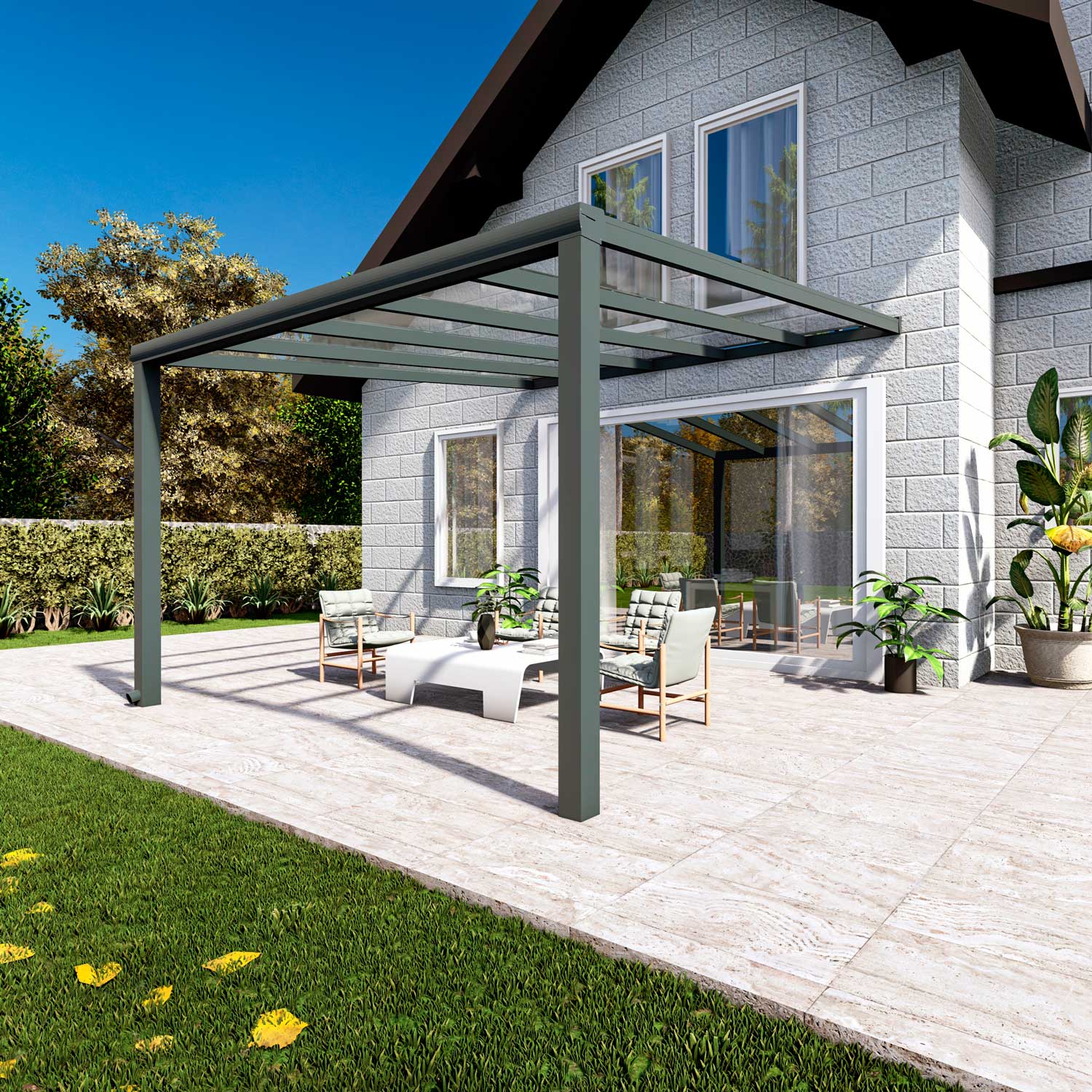 Terrassenüberdachung Classic Anthrazit RAL 7016 mit VSG Klar Glas 8mm in Breite 4060 x Tiefe 2500