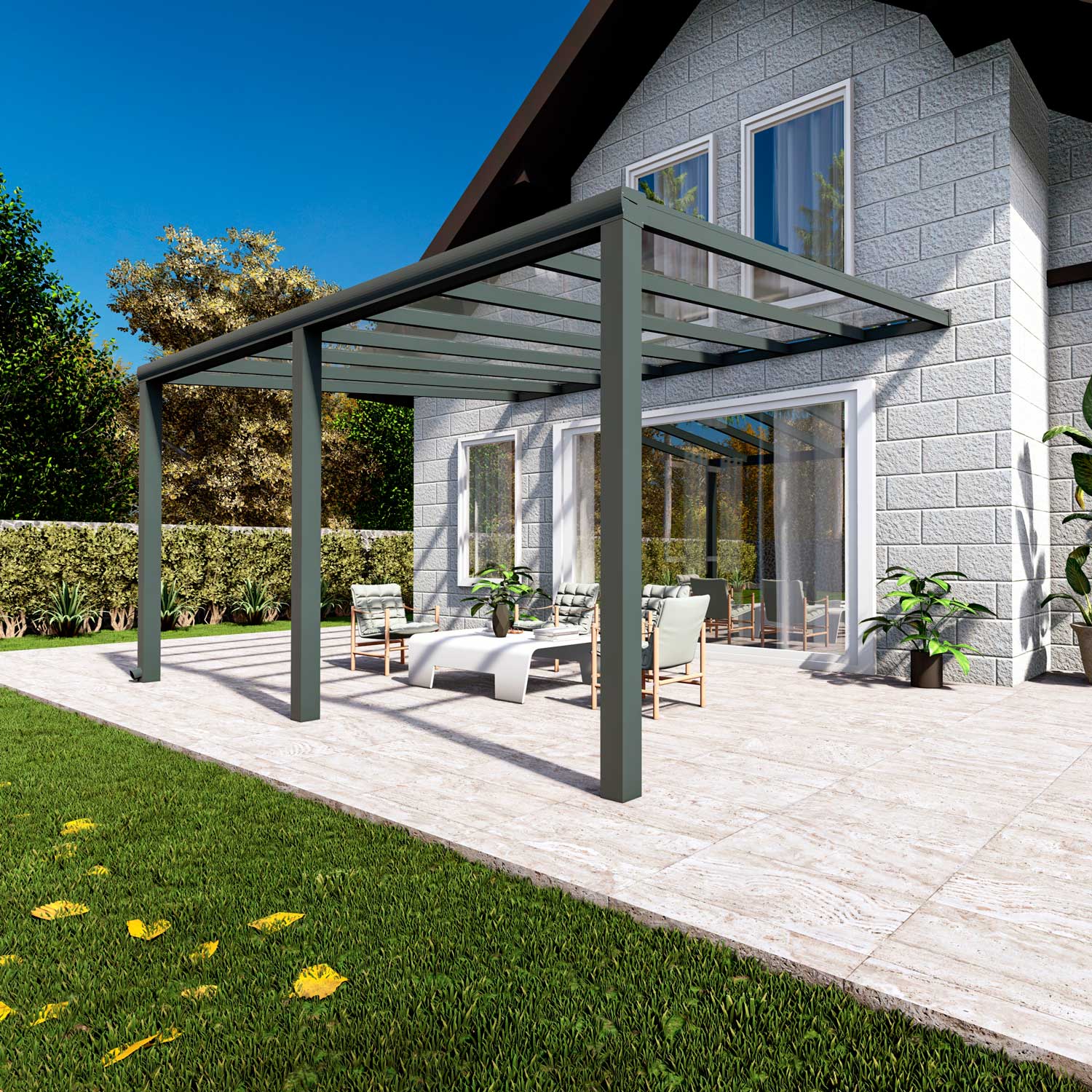 Terrassenüberdachung Classic Anthrazit RAL 7016 mit VSG Klar Glas 8mm in Breite 5060 x Tiefe 3500