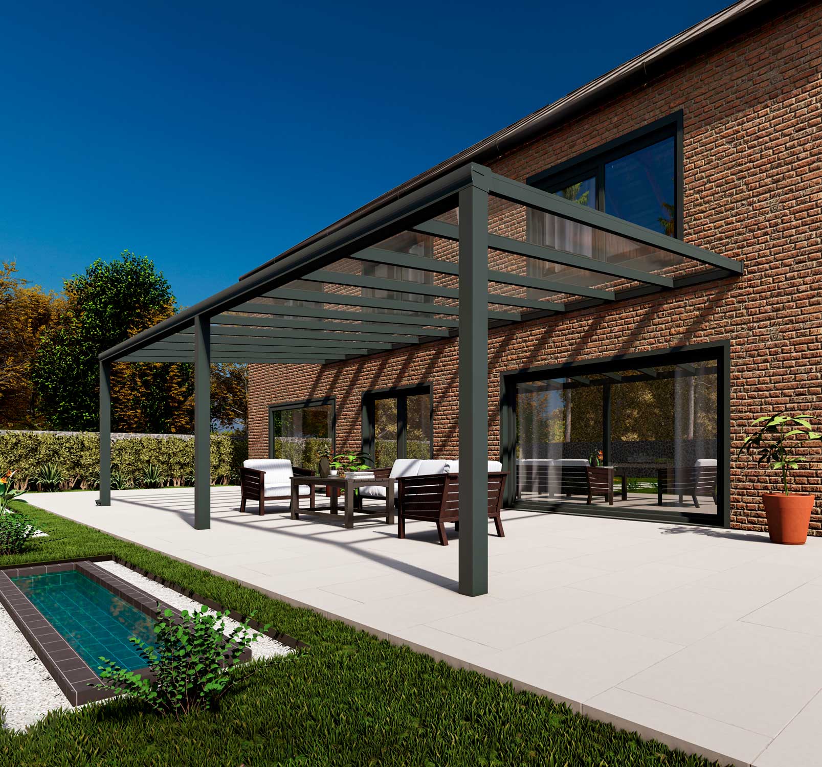 Terrassenüberdachung Classic Anthrazit RAL 7016 mit VSG Klar Glas 8mm in Breite 9060 x Tiefe 4000