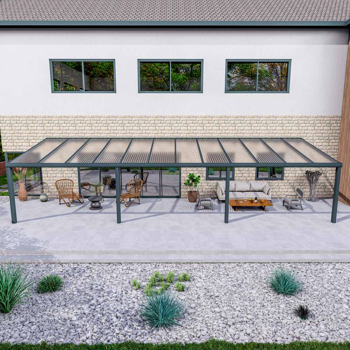Terrassenüberdachung Excellent Anthrazit RAL 7016 mit Stegplatte Klar Polycarbonat 16mm in Breite 12060 x Tiefe 4000