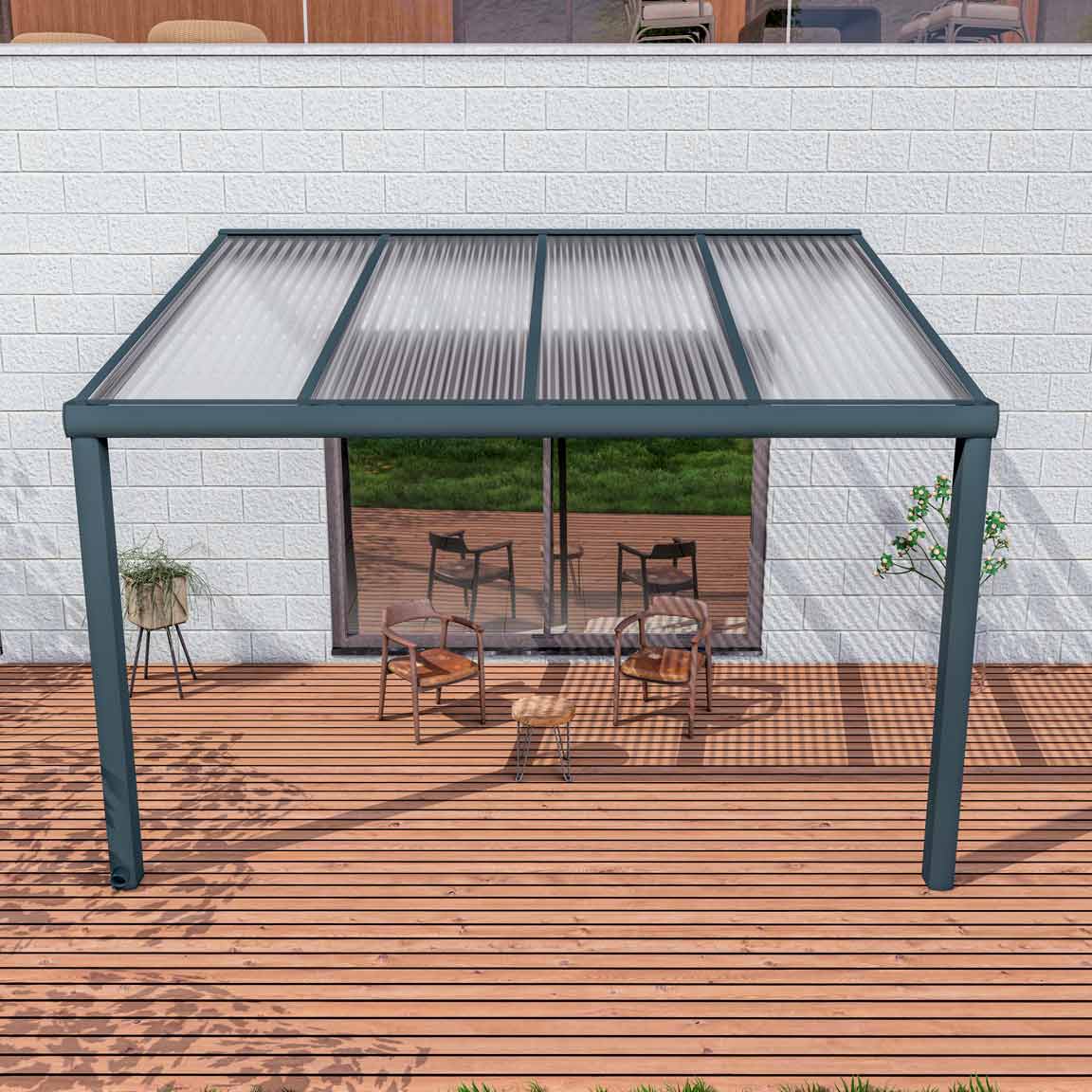 Terrassenüberdachung Excellent Anthrazit RAL 7016 mit Stegplatte Klar Polycarbonat 16mm in Breite 4060 x Tiefe 4000