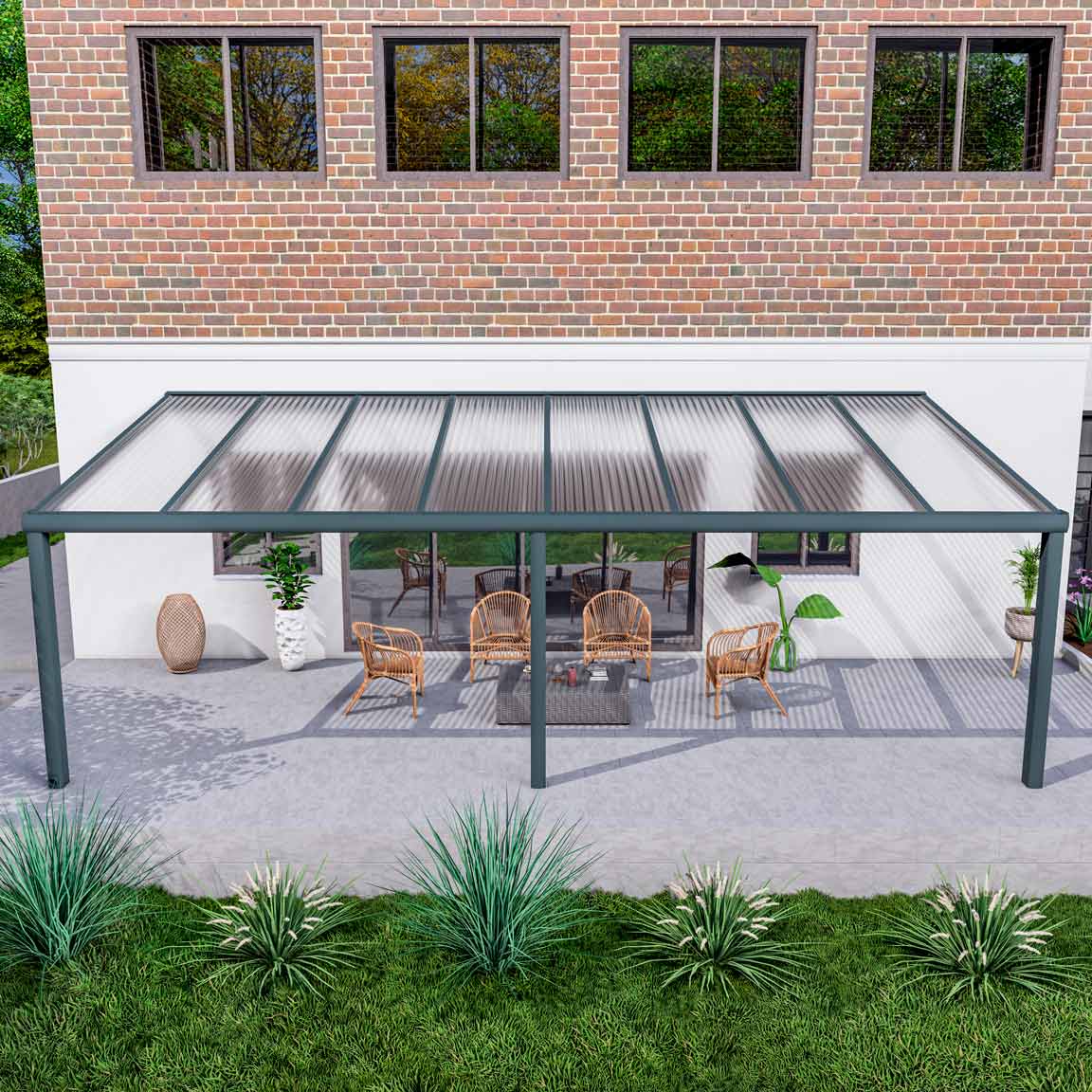 Terrassenüberdachung aus Aluminium nach Maß Excellent Anthrazit RAL 7016 mit Stegplatte Klar Polycarbonat 16mm in Breite 8060 x Tiefe 4000
