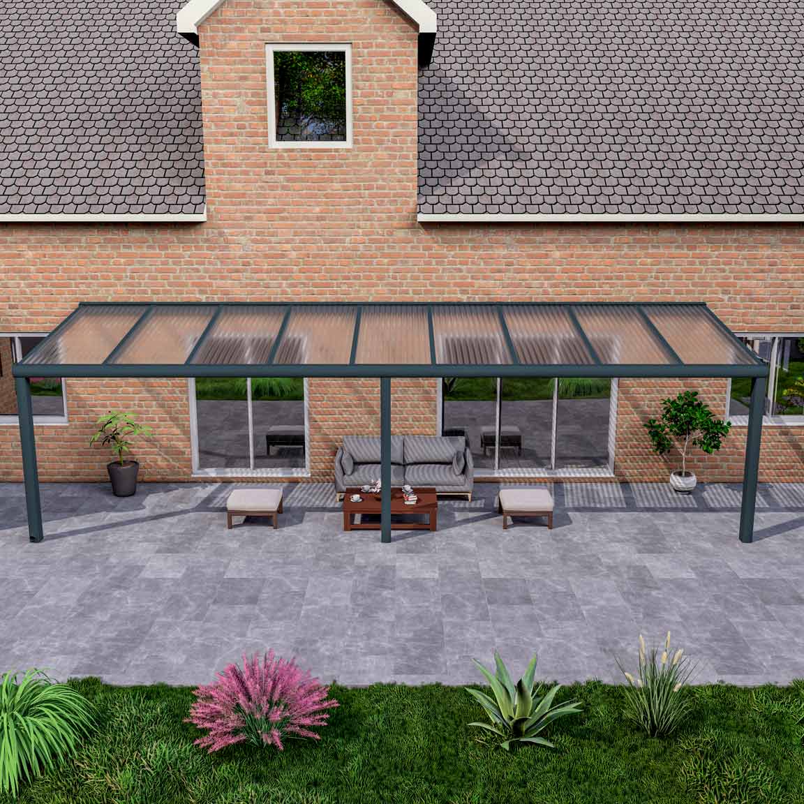Terrassenüberdachung Excellent Anthrazit RAL 7016 mit Stegplatte Klar Polycarbonat 16mm in Breite 9060 x Tiefe 3000