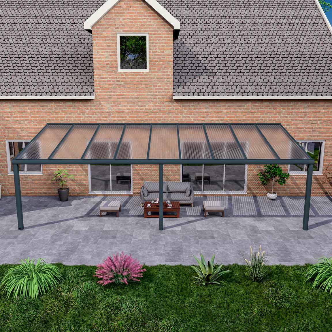 Terrassenüberdachung Excellent Anthrazit RAL 7016 mit Stegplatte Klar Polycarbonat 16mm in Breite 9060 x Tiefe 4000
