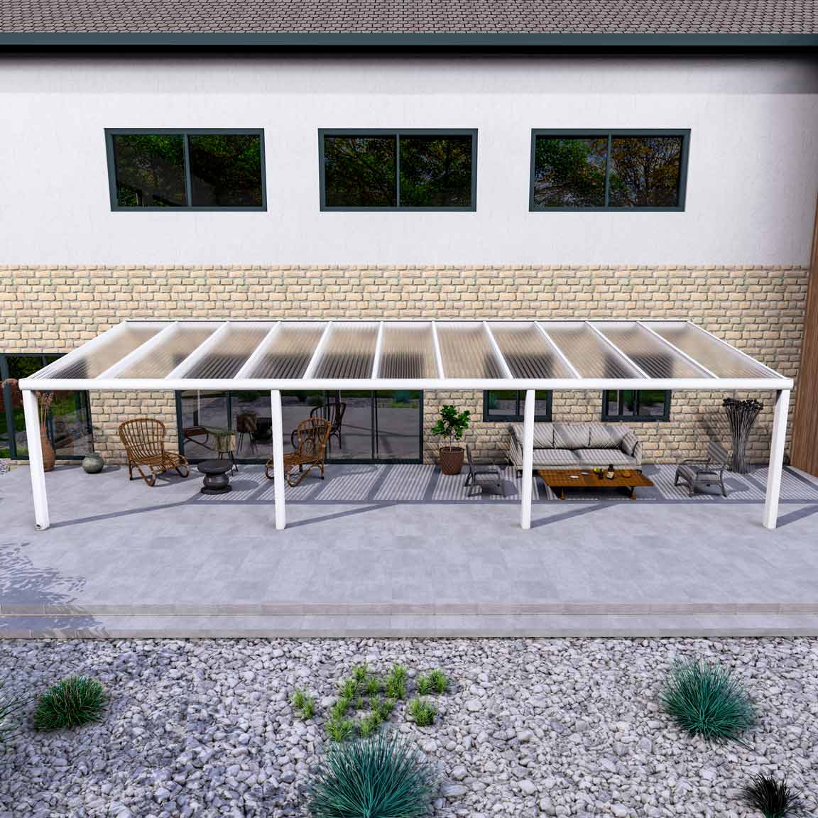 Terrassenüberdachung aus Aluminium nach Maß Excellent Weiß RAL 9016 mit Stegplatte Klar Polycarbonat 16mm in Breite 11060 x Tiefe 4000