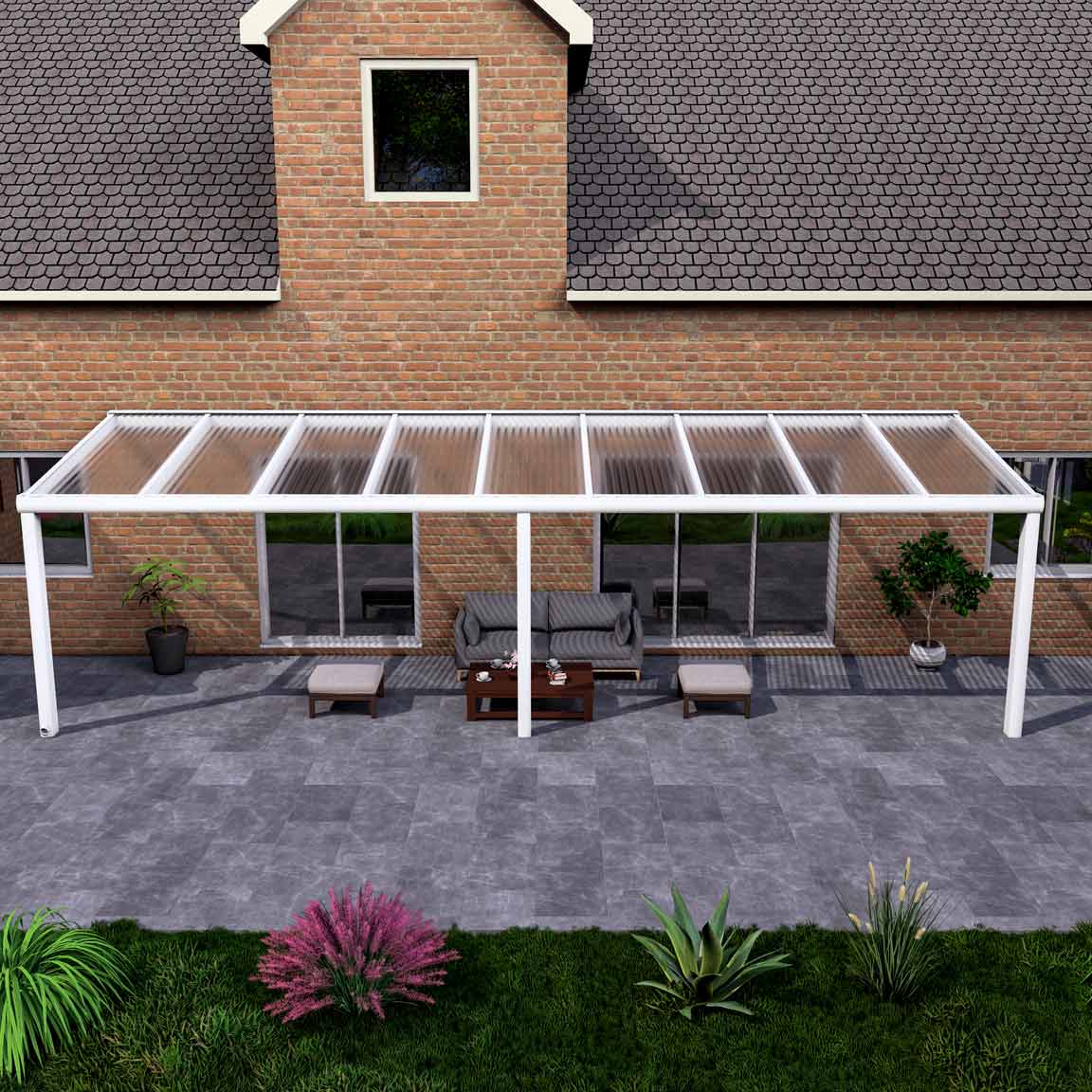 Terrassenüberdachung Excellent Weiß RAL 9016 mit Stegplatte Klar Polycarbonat 16mm in Breite 9060 x Tiefe 3000