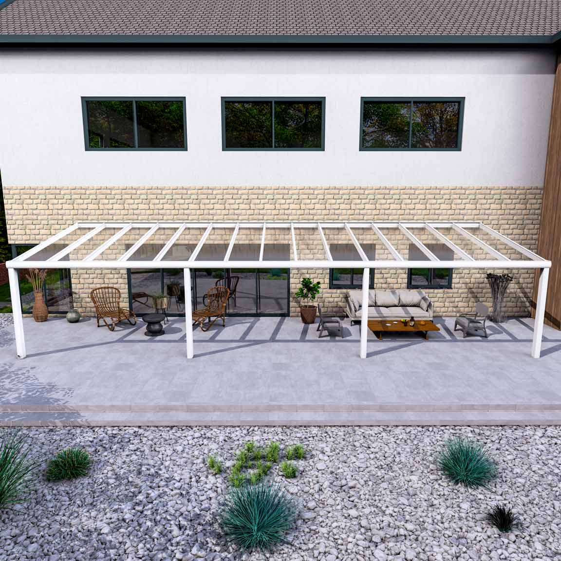 Terrassenüberdachung Excellent Weiß RAL 9016 mit VSG Klar Glas 8mm in Breite 12060 x Tiefe 3500