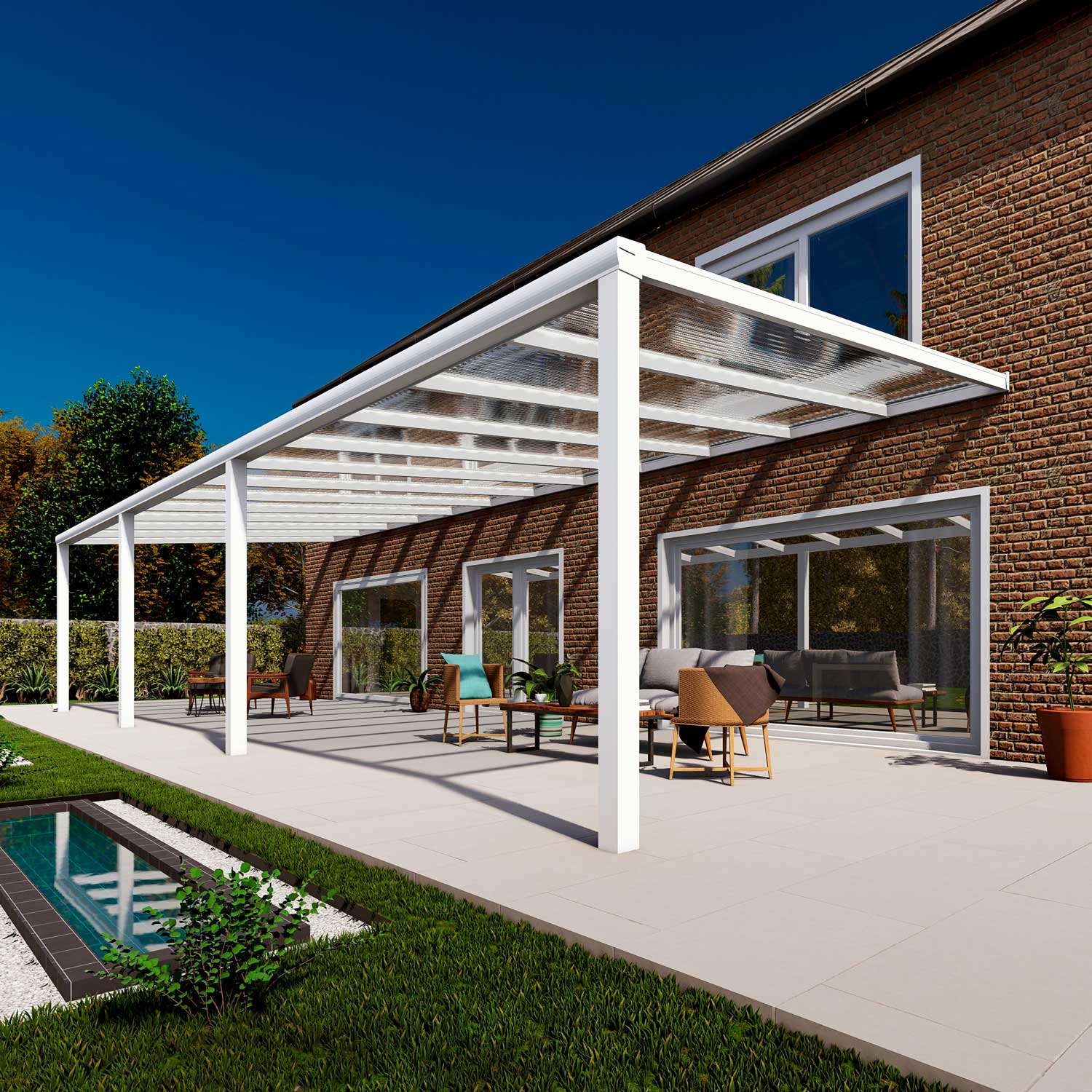Terrassenüberdachung Classic Weiß RAL 9016 mit Stegplatte Klar Polycarbonat 16mm in Breite 12060 x Tiefe 3000