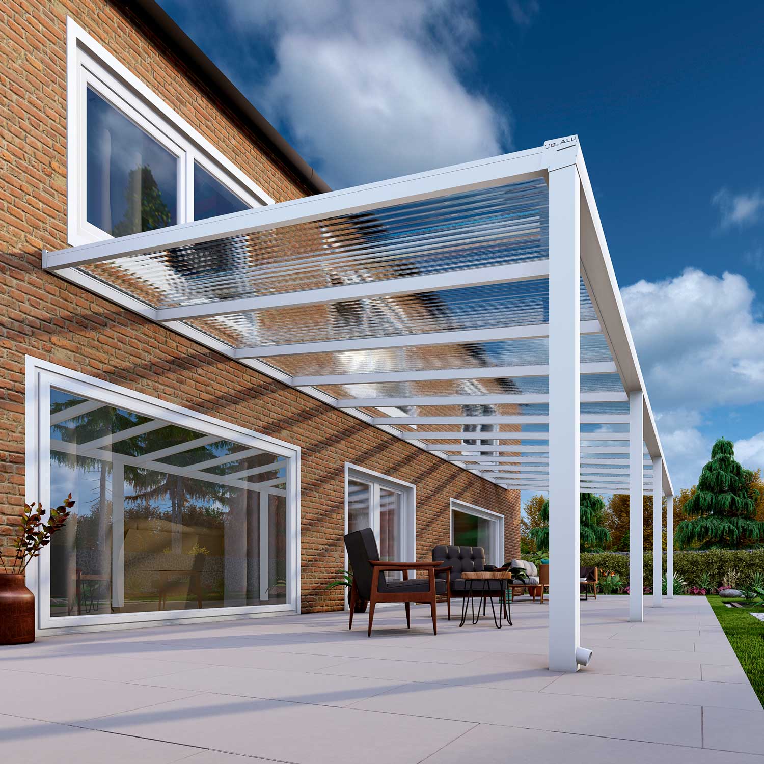 Terrassenüberdachung Classic Weiß RAL 9016 mit Stegplatte Klar Polycarbonat 16mm in Breite 12060 x Tiefe 3000 - Bild 4