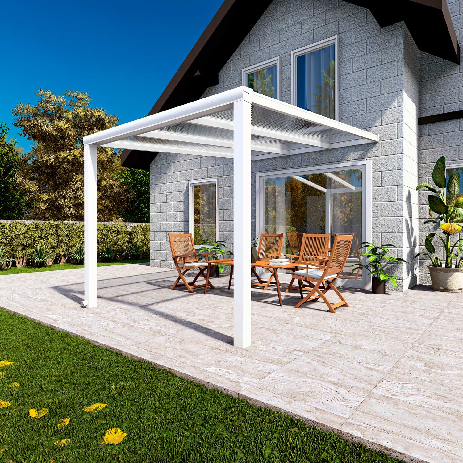 Terrassenüberdachung Classic Weiß RAL 9016 mit Stegplatte Klar Polycarbonat 16mm in Breite 3060 x Tiefe 3500