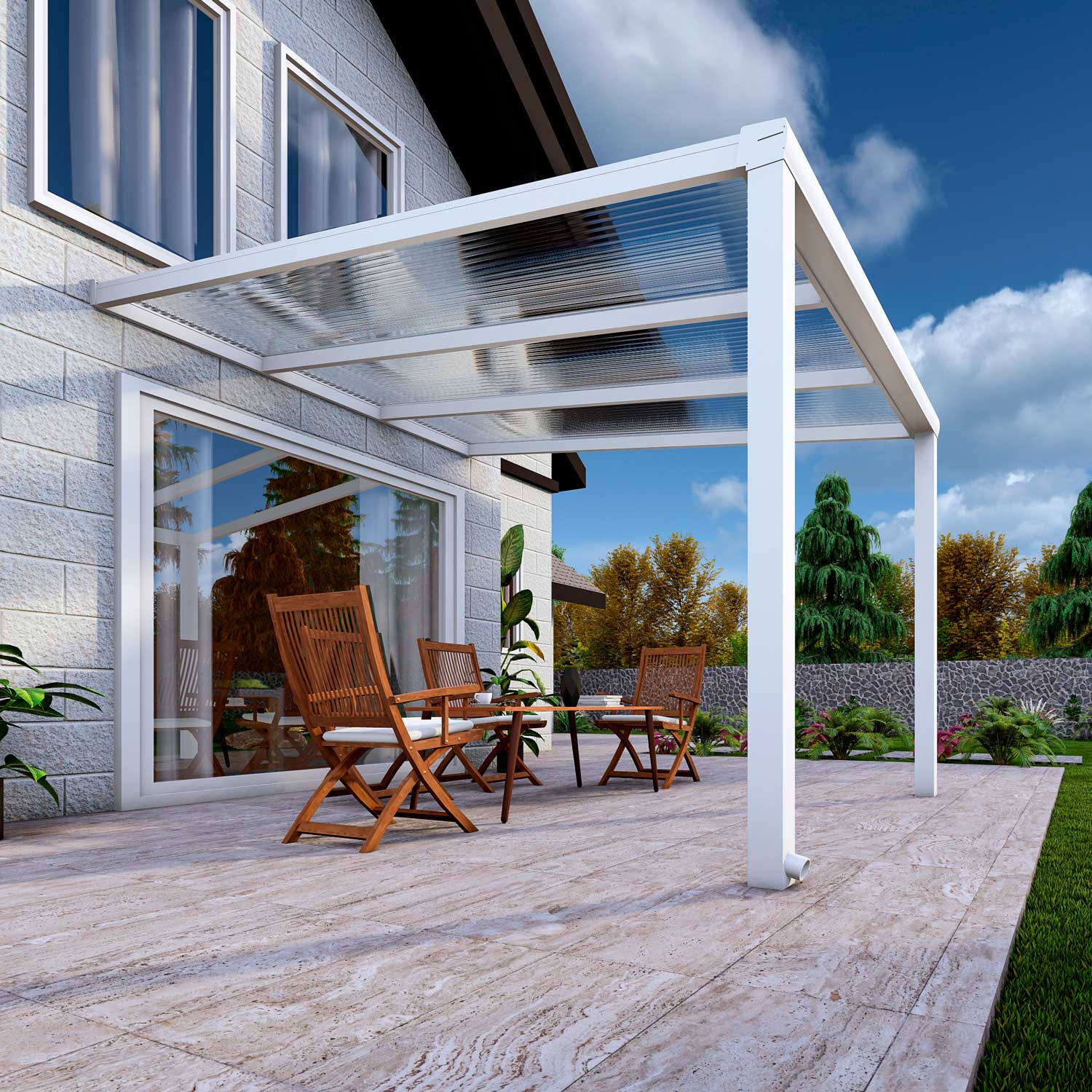 Terrassenüberdachung Classic Weiß RAL 9016 mit Stegplatte Klar Polycarbonat 16mm in Breite 3060 x Tiefe 3500 - Bild 4