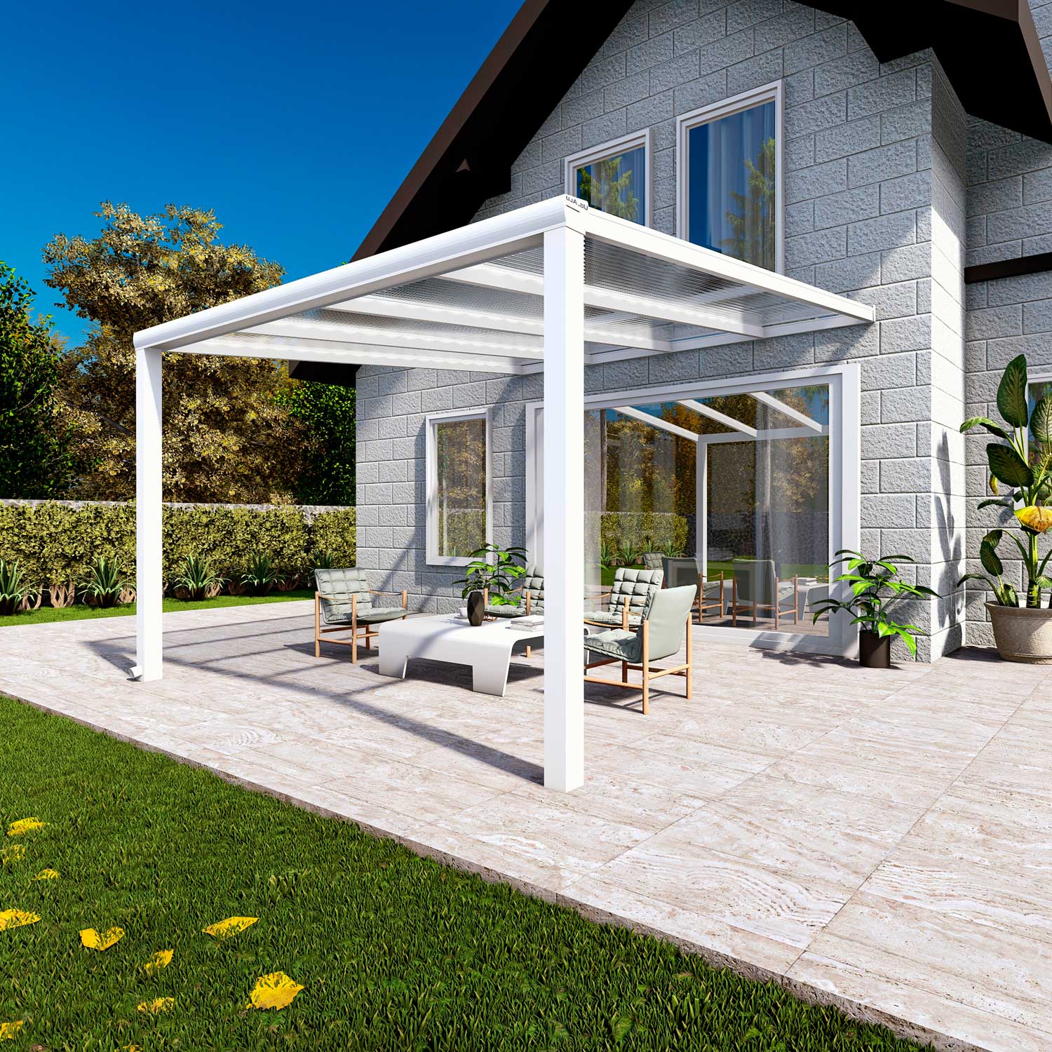 Terrassenüberdachung Classic Weiß RAL 9016 mit Stegplatte Klar Polycarbonat 16mm in Breite 4060 x Tiefe 3500