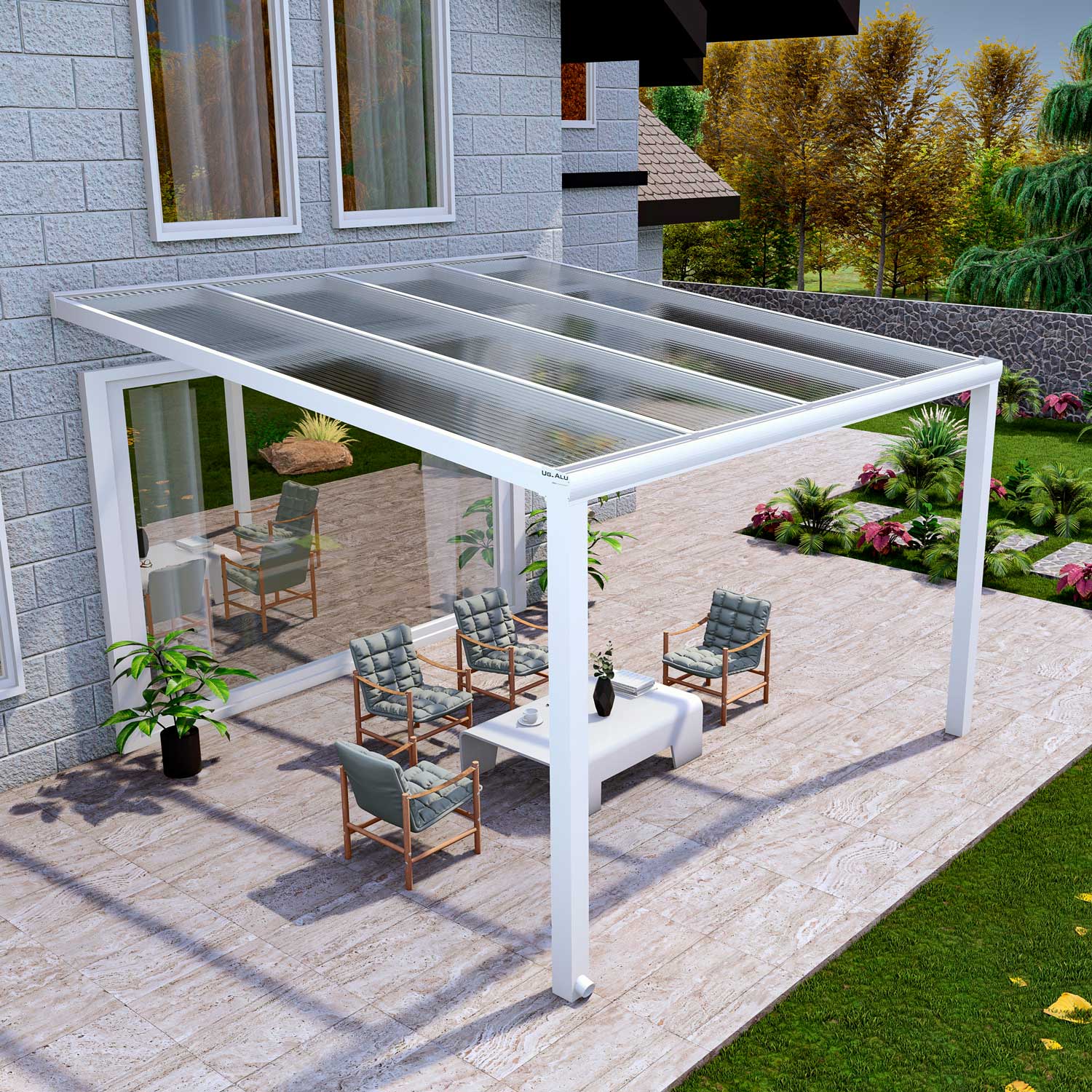 Terrassenüberdachung Classic Weiß RAL 9016 mit Stegplatte Klar Polycarbonat 16mm in Breite 4060 x Tiefe 3500 - Bild 3