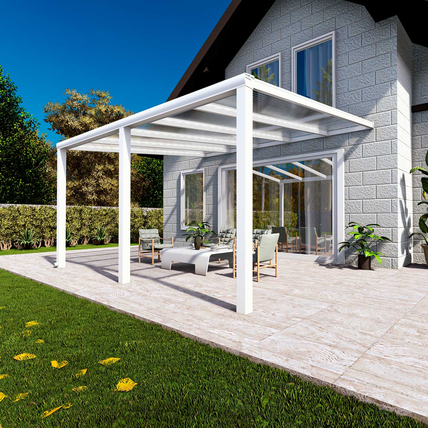 Terrassenüberdachung Classic Weiß RAL 9016 mit Stegplatte Klar Polycarbonat 16mm in Breite 5060 x Tiefe 2500