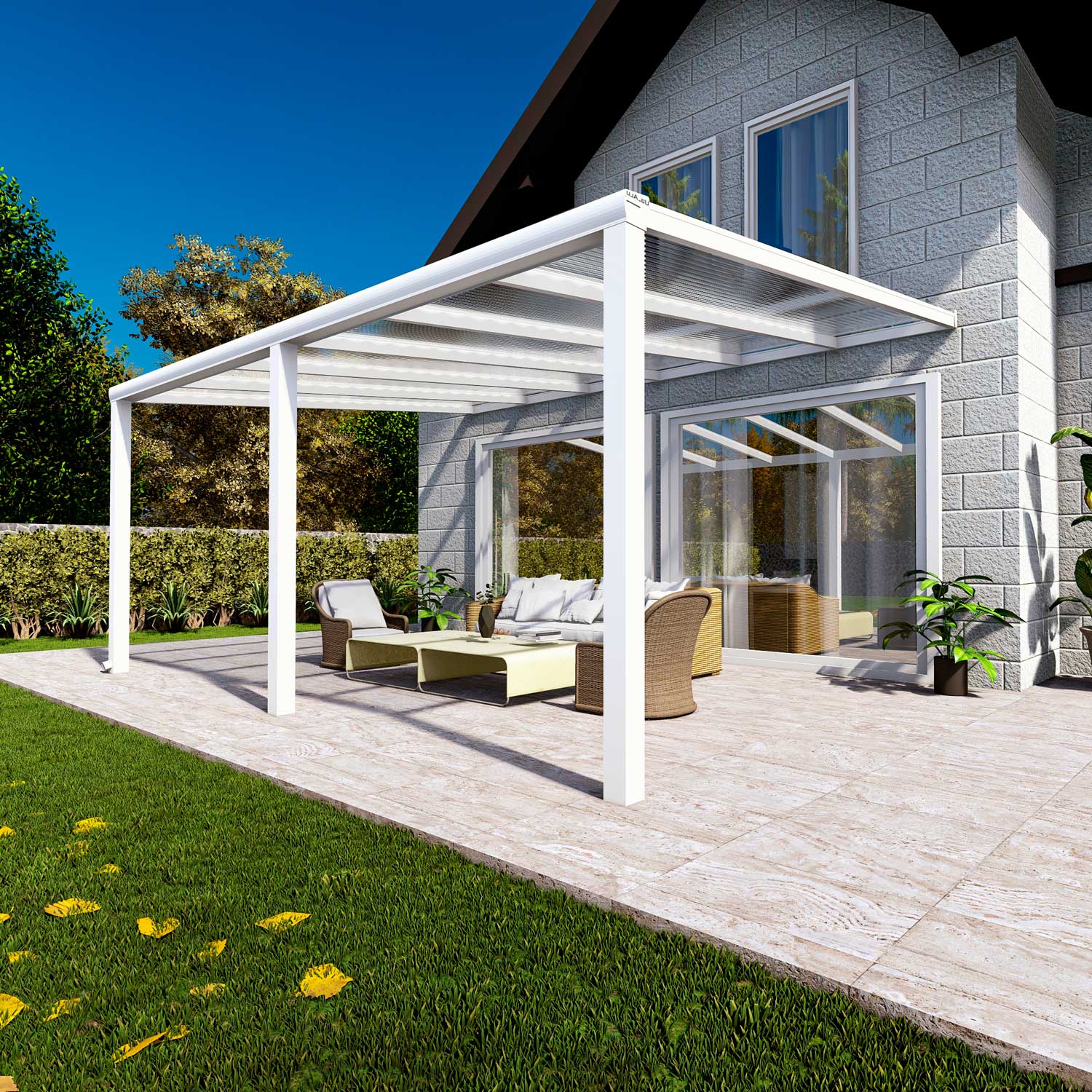 Terrassenüberdachung Classic Weiß RAL 9016 mit Stegplatte Klar Polycarbonat 16mm in Breite 6060 x Tiefe 2500