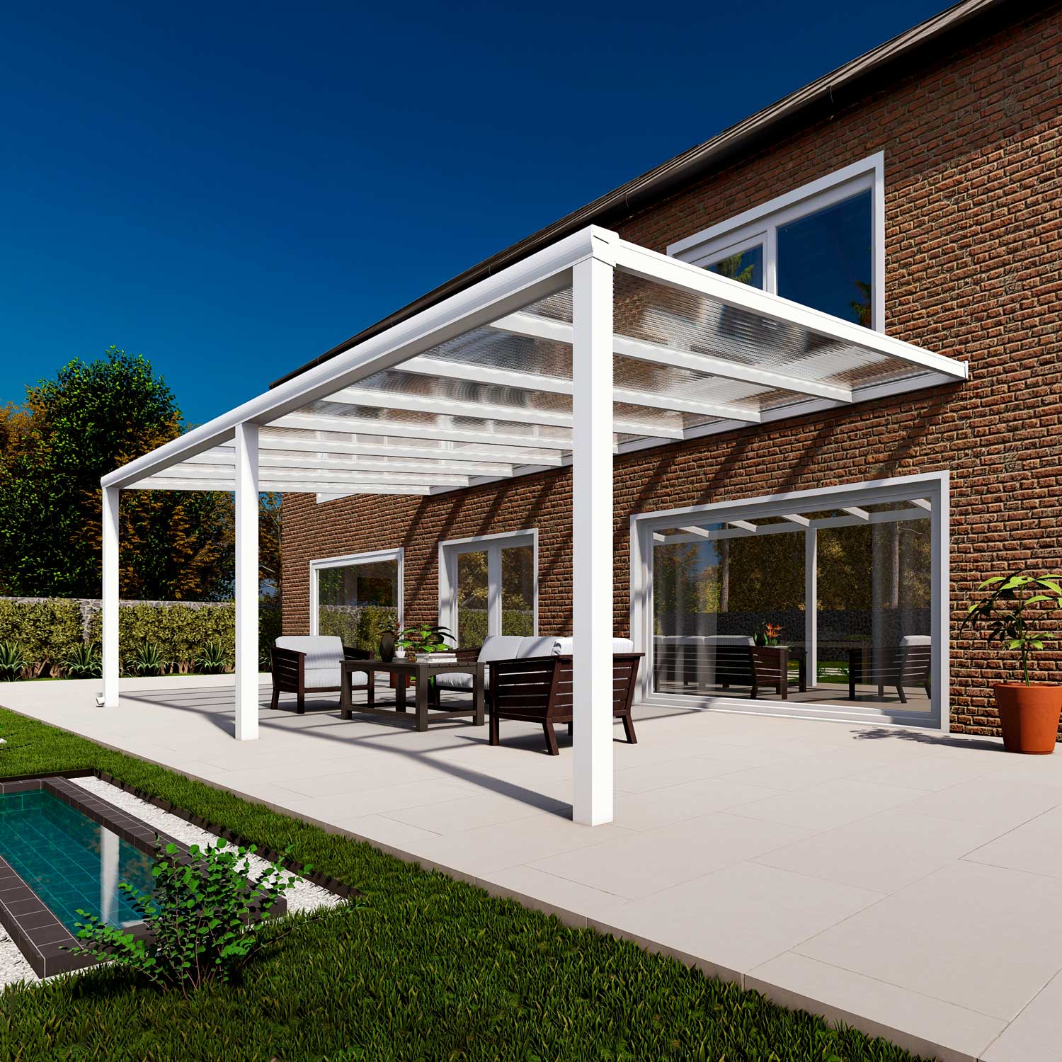 Terrassenüberdachung Classic Weiß RAL 9016 mit Stegplatte Klar Polycarbonat 16mm in Breite 8060 x Tiefe 2500