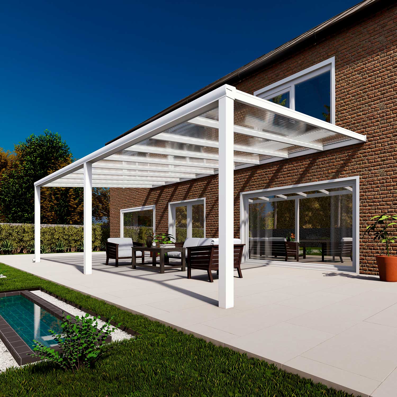 Terrassenüberdachung Classic Weiß RAL 9016 mit Stegplatte Klar Polycarbonat 16mm in Breite 9060 x Tiefe 3000