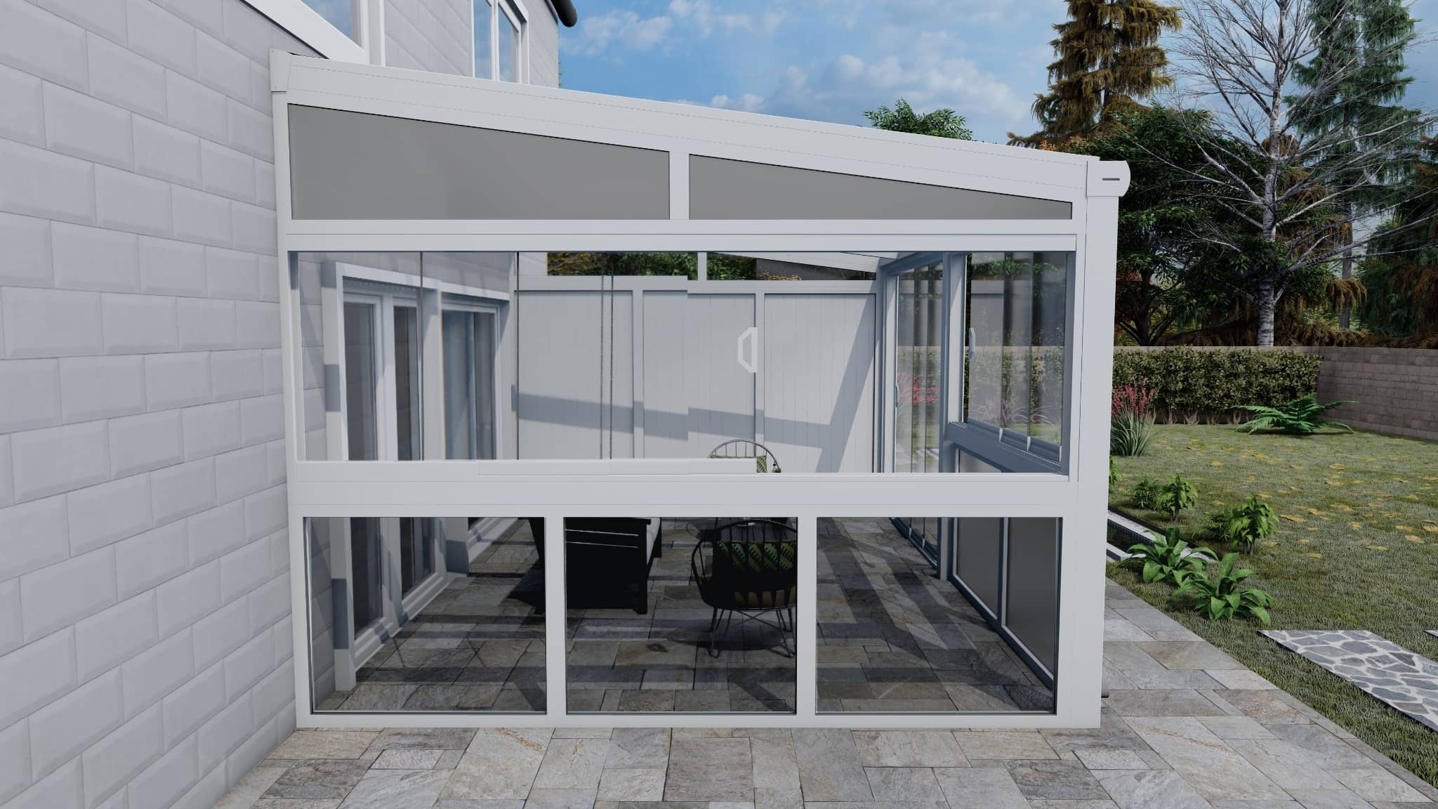 Seitliches Glasschiebesystem mit Keilelement entlang der Dachneigung.