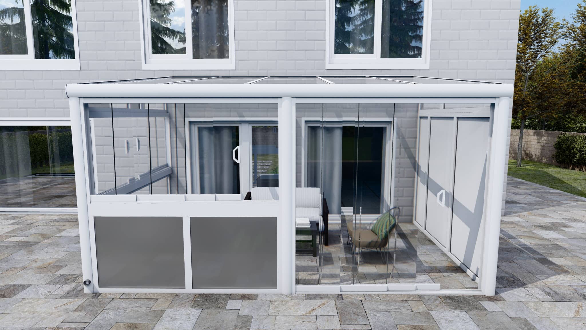 Terrassenüberdachung mit Glasschiebesystemen in Front und Seite.