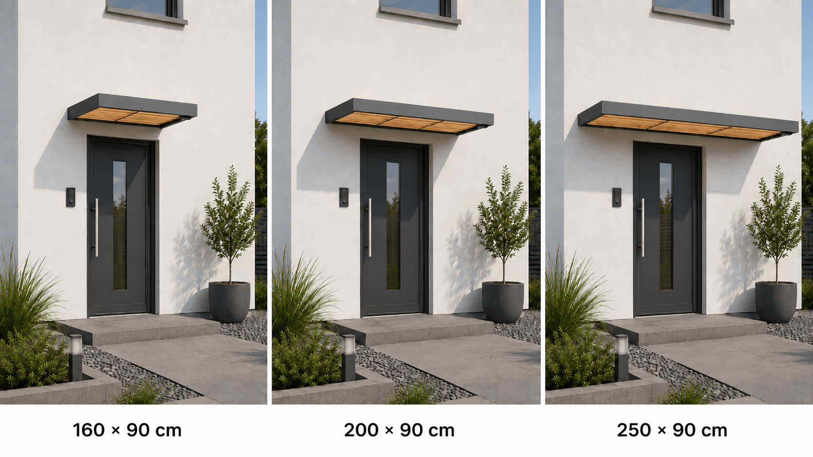 Holzminden Haustürvordach in 160, 200 und 250 cm Breite im direkten Größenvergleich