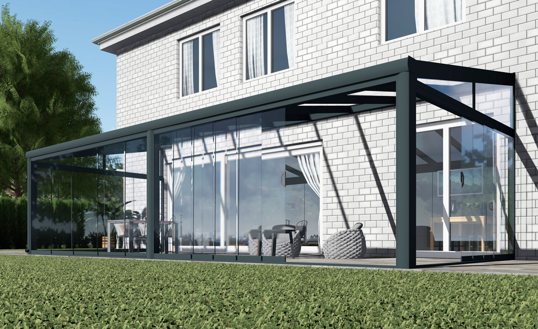 Kalt-Wintergarten Excellent Anthrazit RAL 7016 mit Stegplatte Klar Polycarbonat 16mm in Breite 9060 x Tiefe 4000