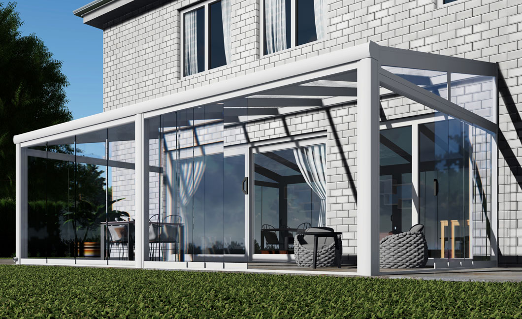 Kalt-Wintergarten Excellent Weiß RAL 9016 mit Stegplatte Klar Polycarbonat 16mm in Breite 7060 x Tiefe 3500