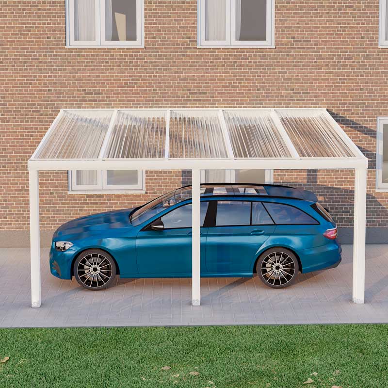 Carport Weiß RAL 9016 mit Stegplatte Klar Polycarbonat 16mm in Breite 5060 x Tiefe 4000