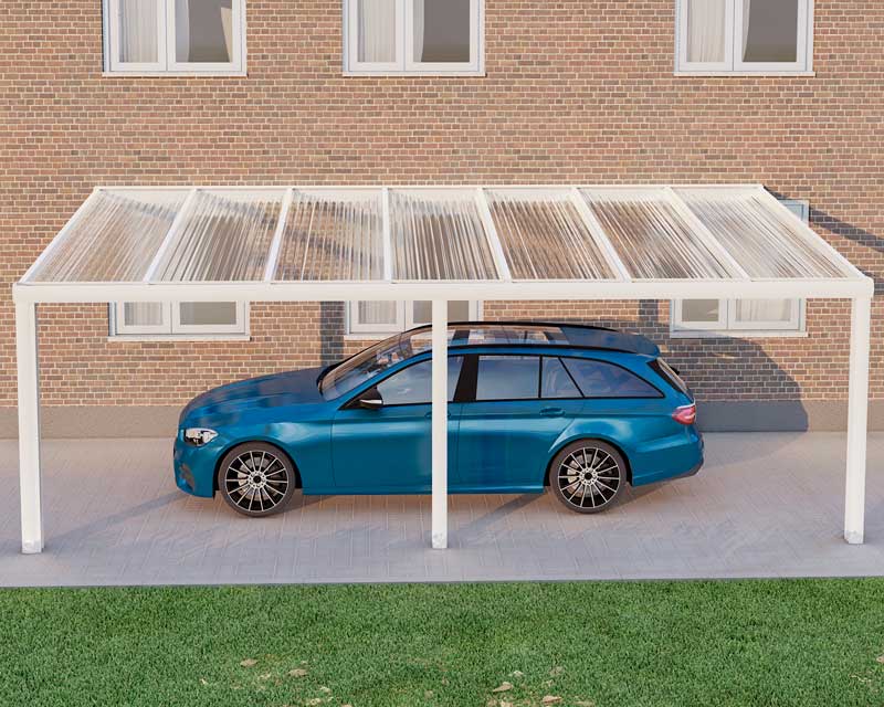 Carport Weiß RAL 9016 mit Stegplatte Klar Polycarbonat 16mm in Breite 7060 x Tiefe 4000