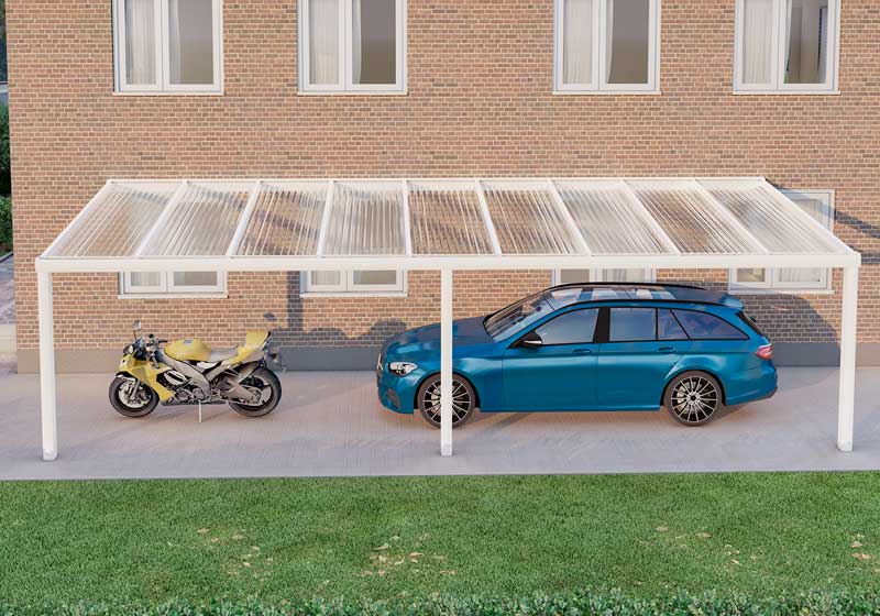 Carport Weiß RAL 9016 mit Stegplatte Klar Polycarbonat 16mm in Breite 9060 x Tiefe 3500