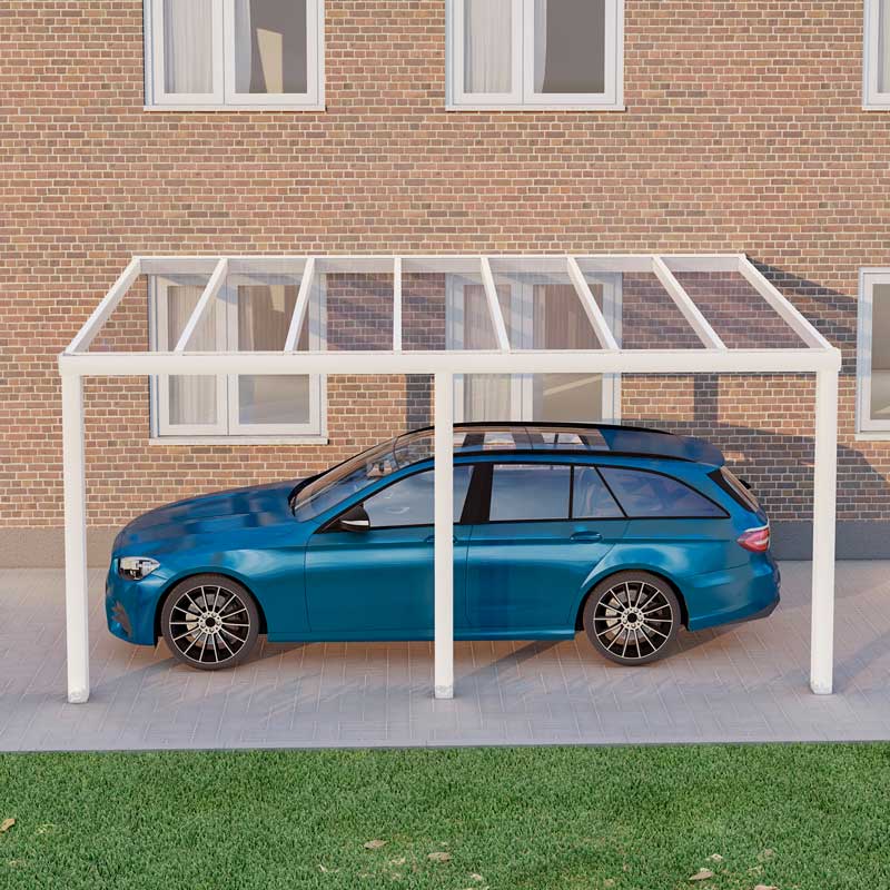 Carport Weiß RAL 9016 mit VSG Klar Glas 8mm in Breite 5060 x Tiefe 4000
