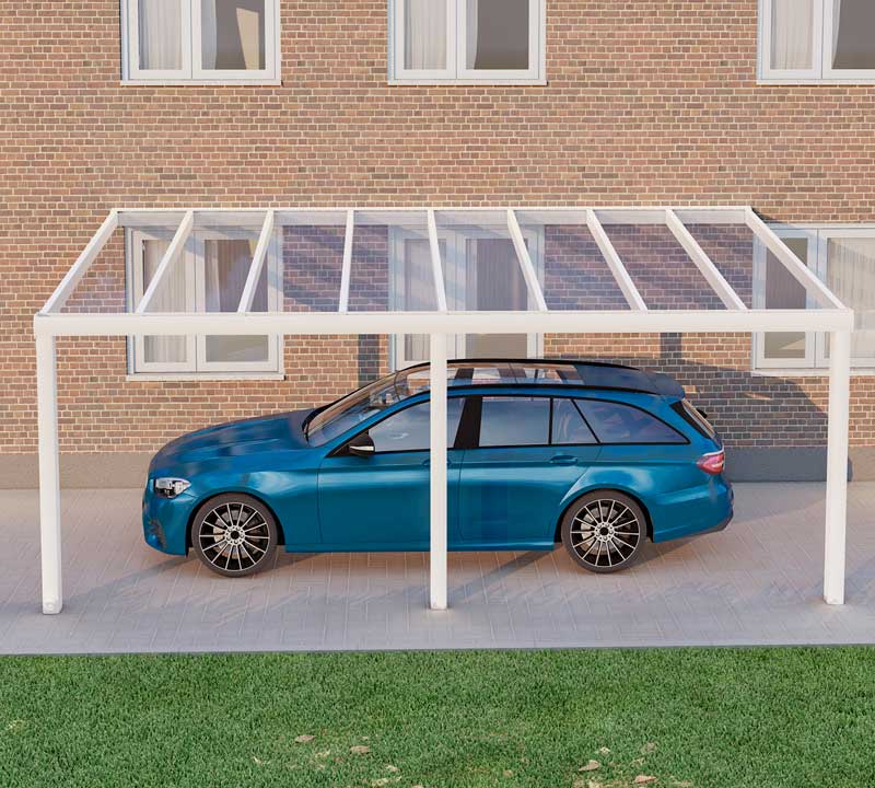 Carport Weiß RAL 9016 mit VSG Klar Glas 8mm in Breite 6060 x Tiefe 3000