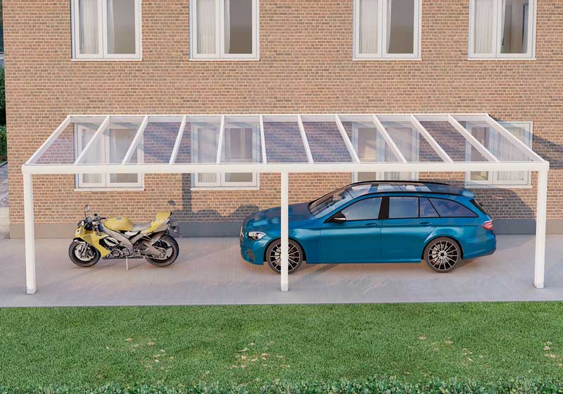 Carport Weiß RAL 9016 mit VSG Klar Glas 8mm in Breite 9060 x Tiefe 3000