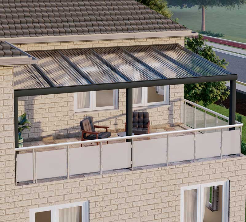 Balkonüberdachung Anthrazit RAL 7016 mit Stegplatte Klar Polycarbonat 16mm in Breite 3060 x Tiefe 2500