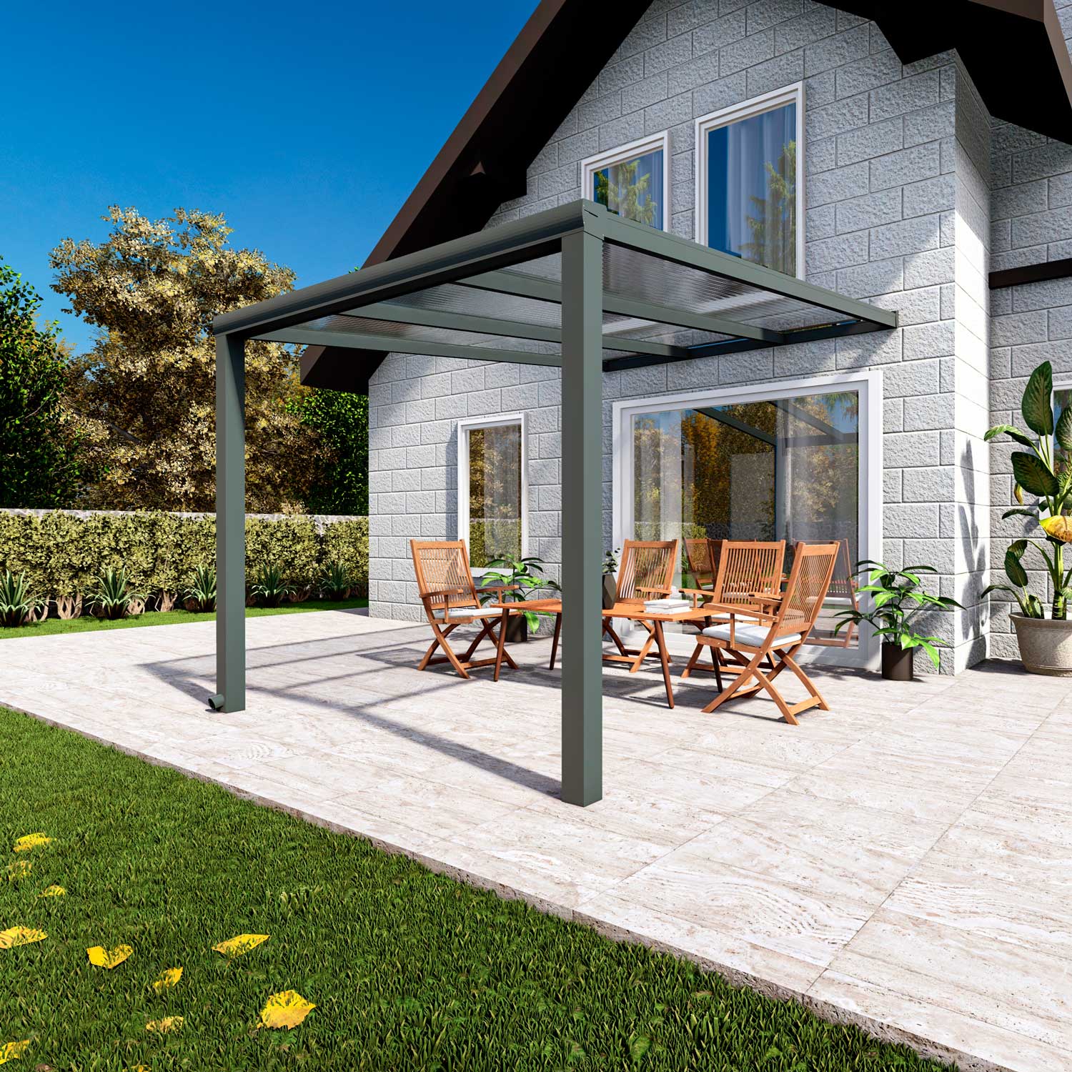 Terrassenüberdachung aus Aluminium nach Maß Classic Anthrazit RAL 7016 mit Stegplatte Klar Polycarbonat 16mm in Breite 3060 x Tiefe 2500