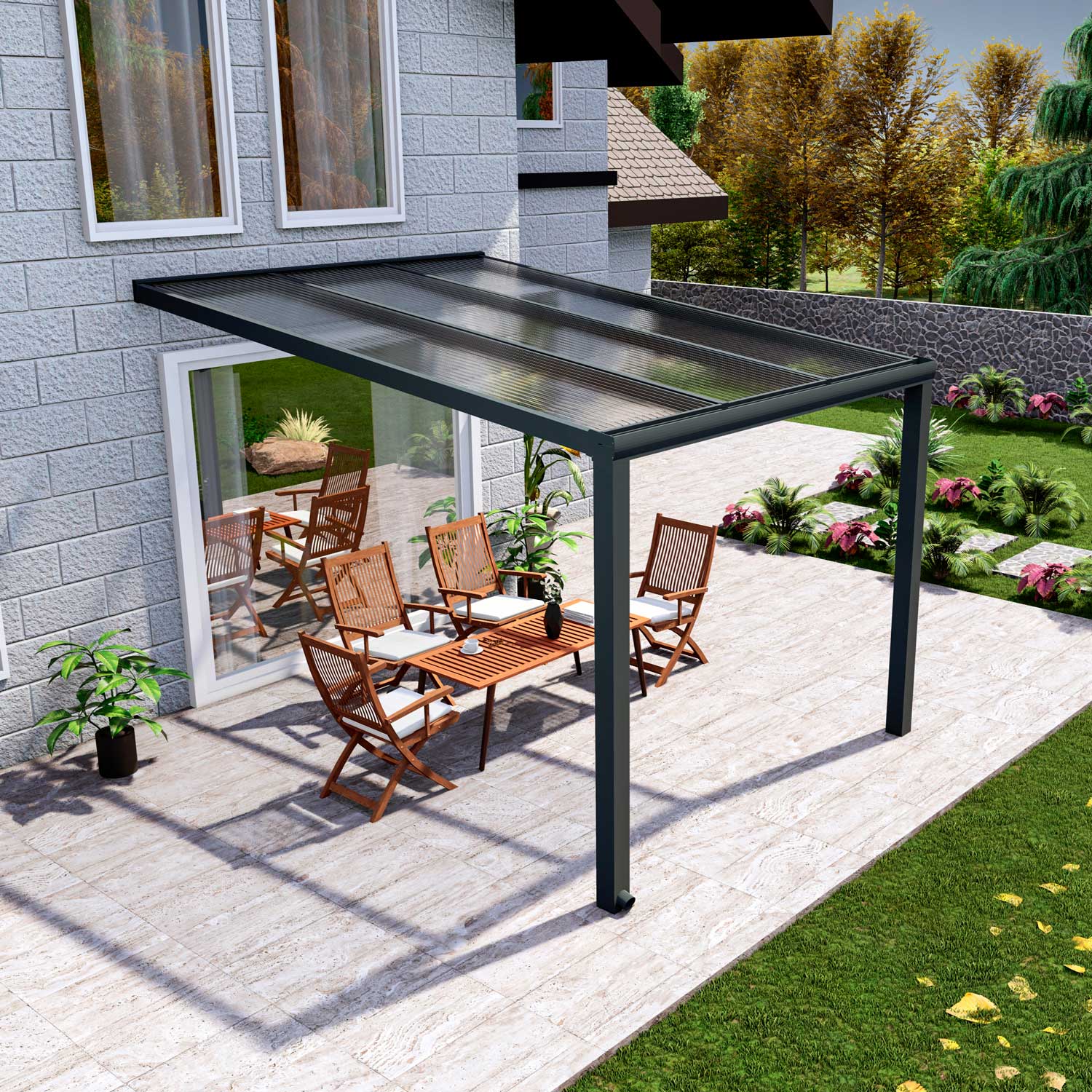 Terrassenüberdachung aus Aluminium nach Maß Classic Anthrazit RAL 7016 mit Stegplatte Klar Polycarbonat 16mm in Breite 3060 x Tiefe 2500 - Bild 3