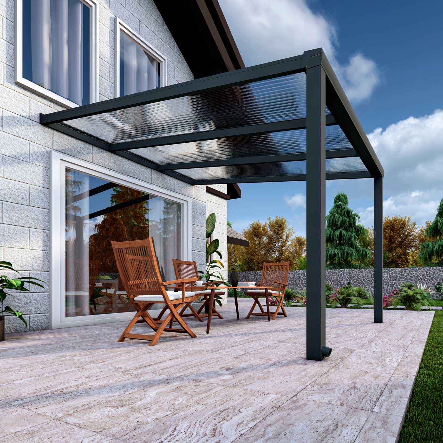 Terrassenüberdachung aus Aluminium nach Maß Classic Anthrazit RAL 7016 mit Stegplatte Klar Polycarbonat 16mm in Breite 3060 x Tiefe 2500 - Bild 4