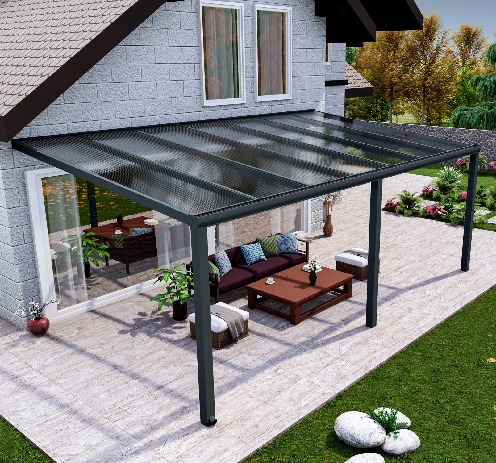 Terrassenüberdachung aus Aluminium nach Maß Classic Anthrazit RAL 7016 mit Stegplatte Klar Polycarbonat 16mm in Breite 3060 x Tiefe 2500